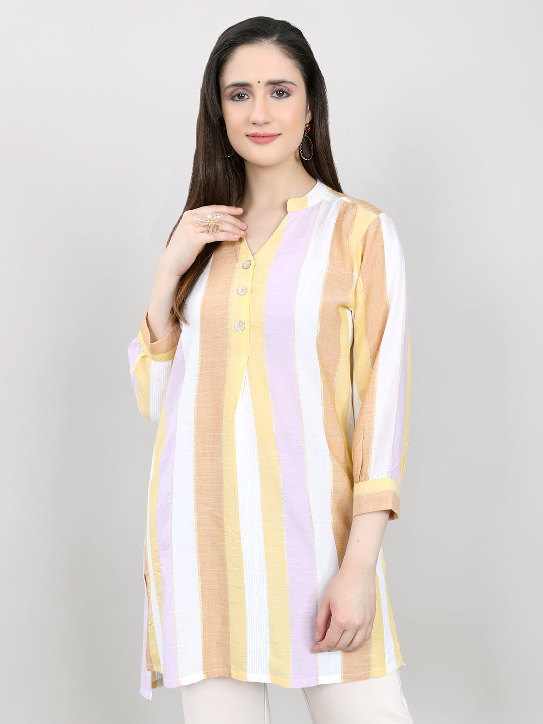 Women Multicolor Stripe V Neck 3/4th Sleeve Kurti