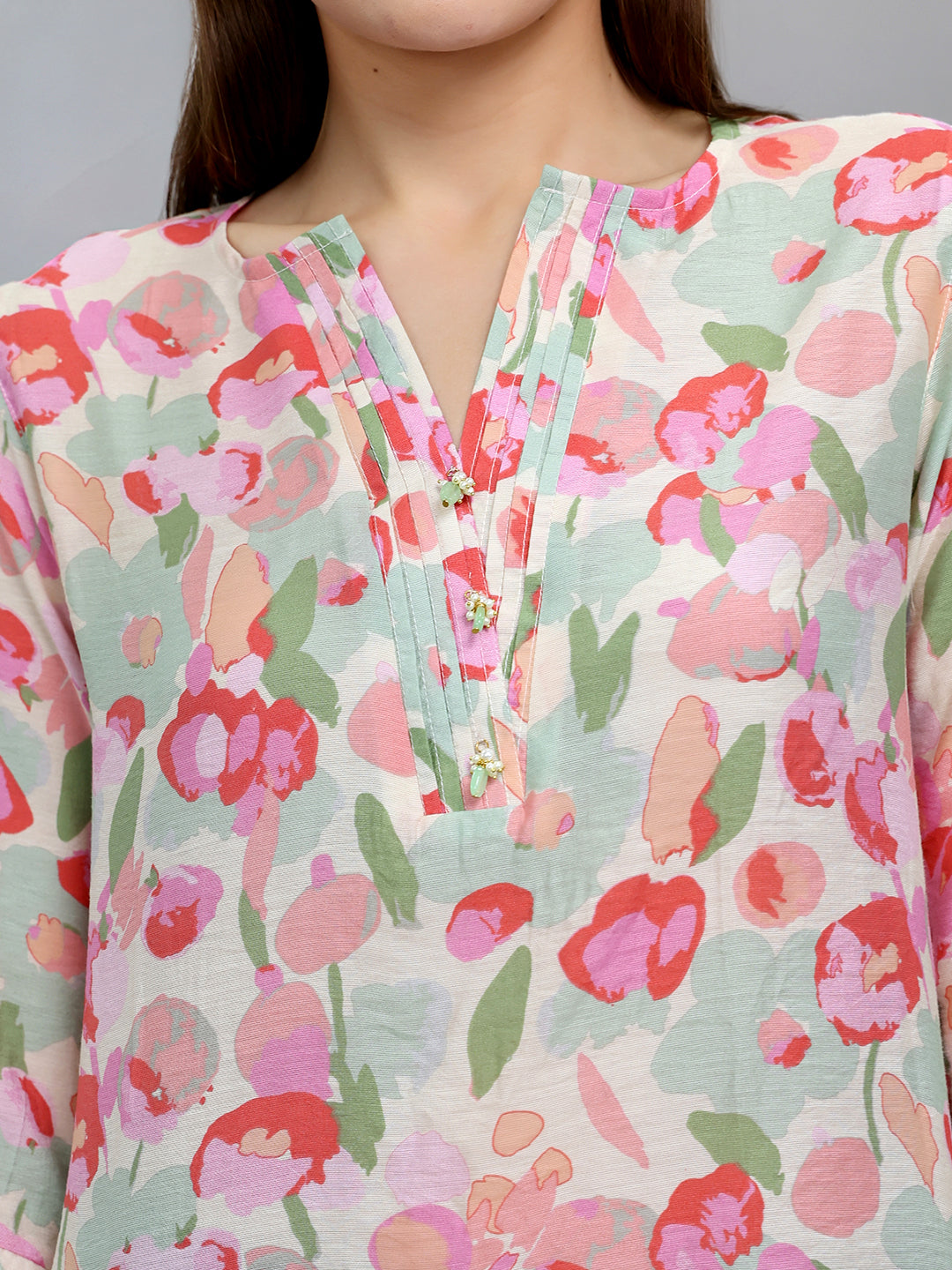 Women Pink Printed Fashion Neck 3/4th Sleeve Kurti