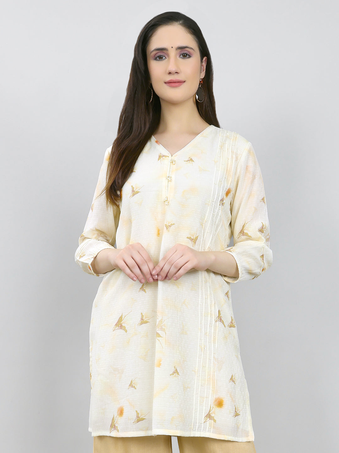 Women Cream Printed V Neck 3/4th Sleeve Kurti