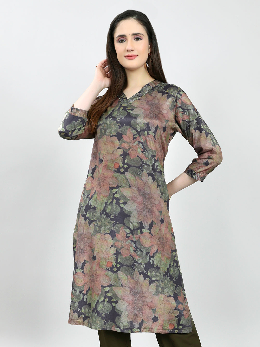 Women Olive Printed V Neck 3/4th Sleeve Kurti