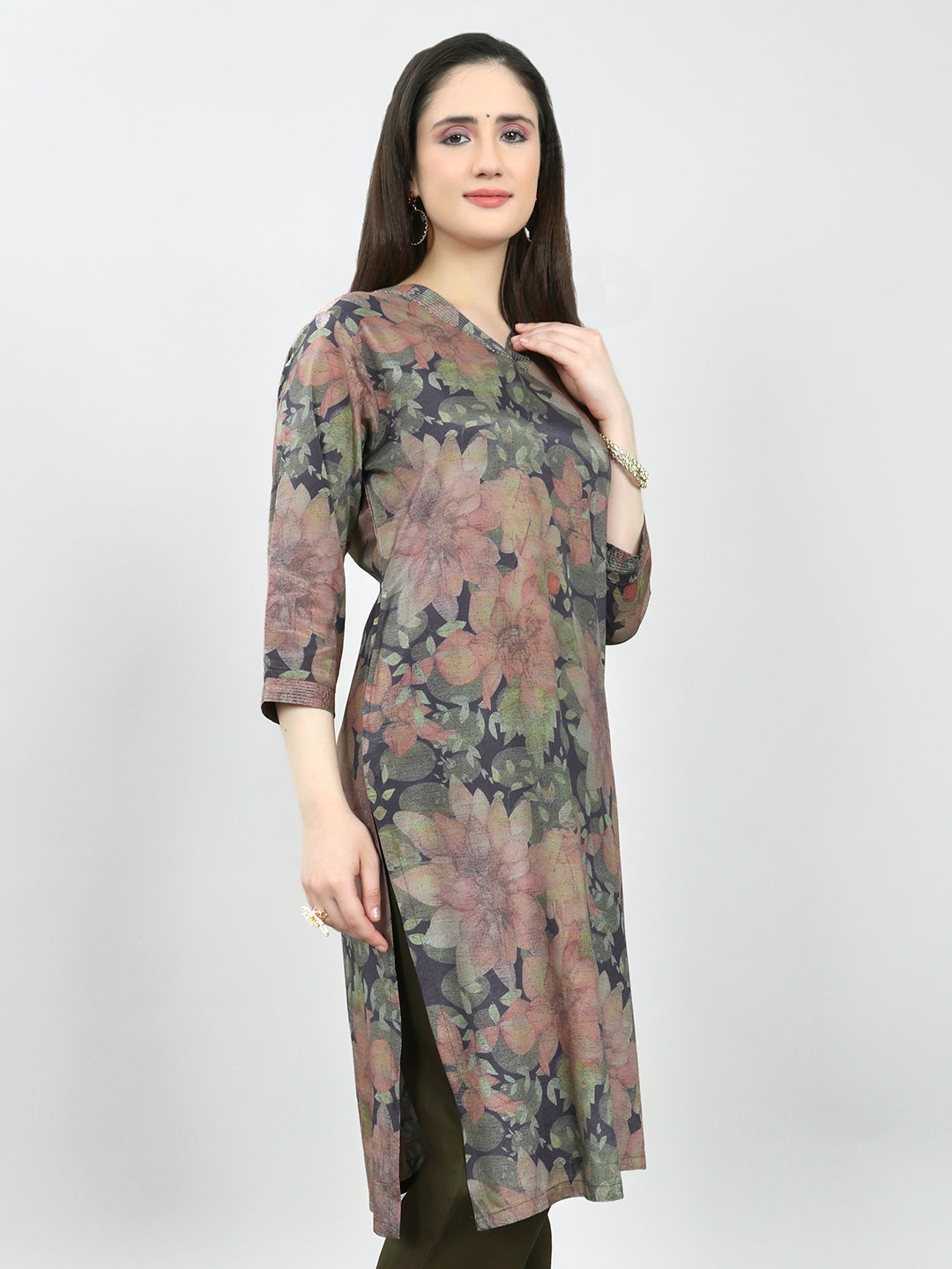 Women Olive Printed V Neck Kurti