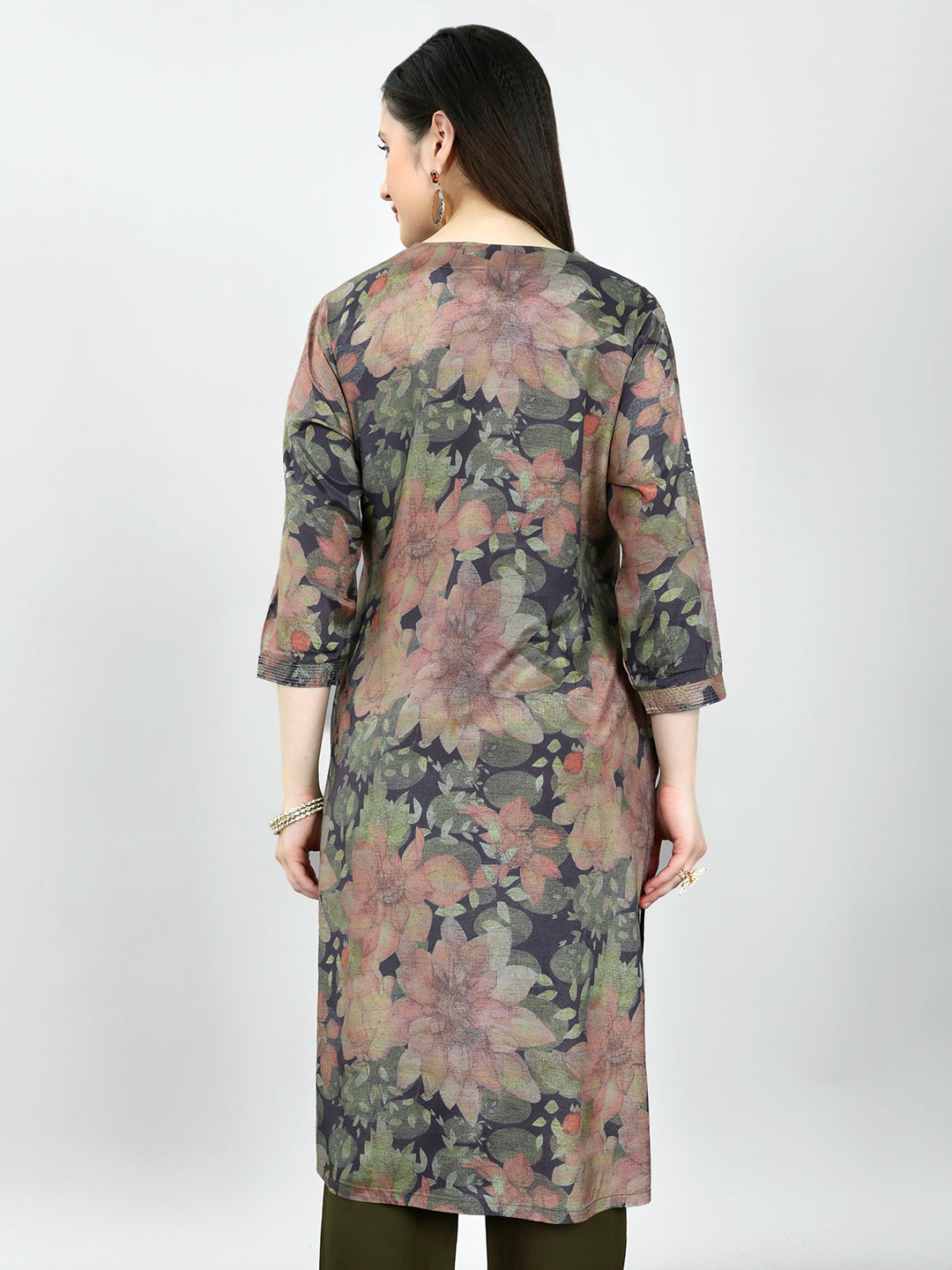 Women Olive Printed V Neck Kurti
