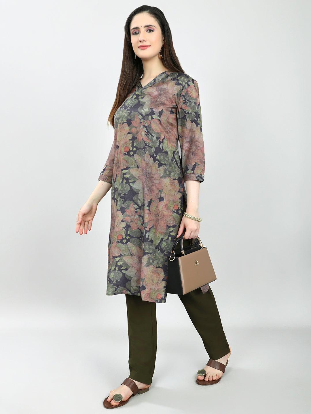 Women Olive Printed V Neck Kurti