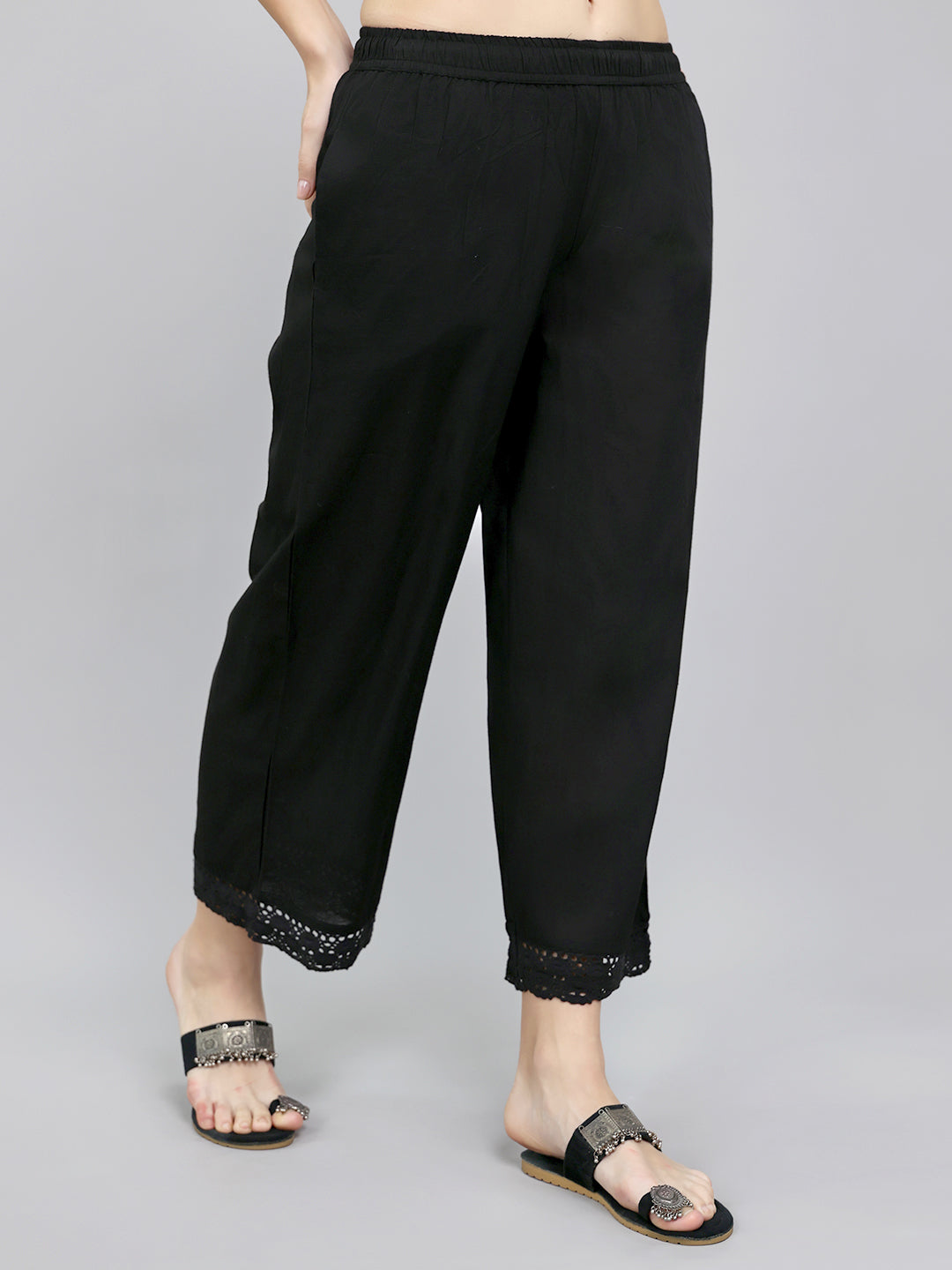 Women Black Solid Regular Fit Palazzo