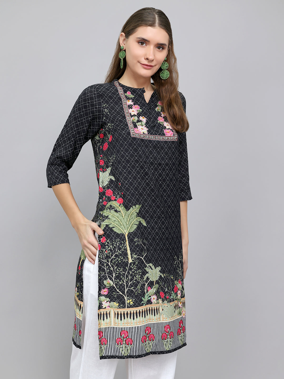 Women Black Printed Fashion Neck Kurti