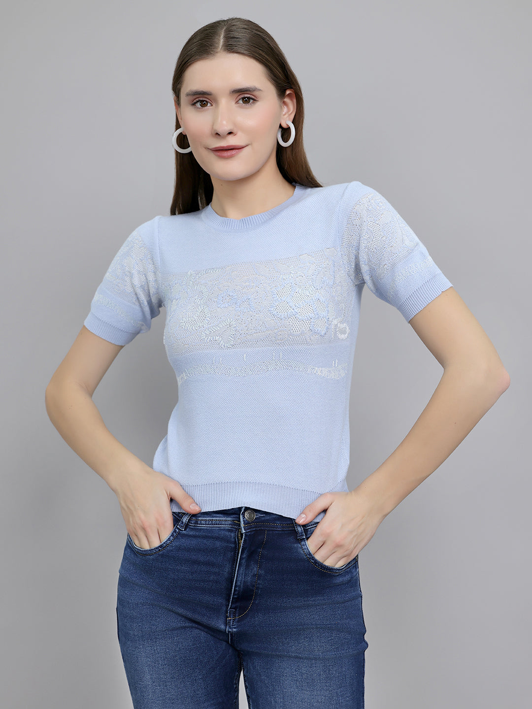 Women Light Blue Jacquard Round Neck Half Sleeve Top