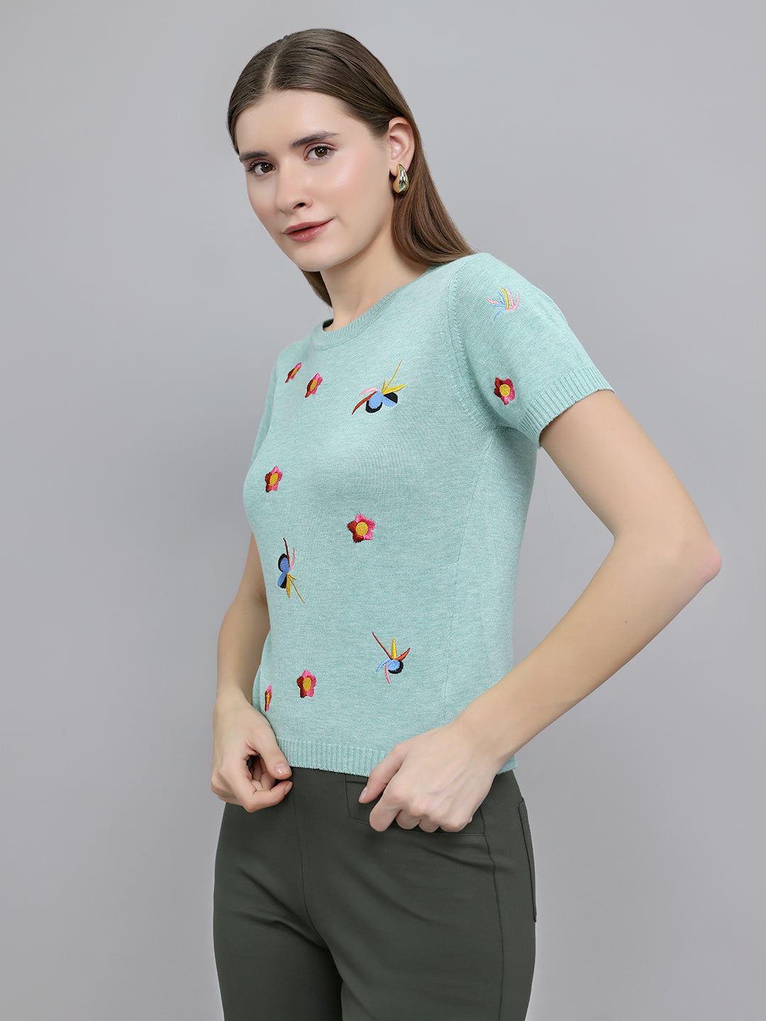 Women Sea Green Embroidered Round Neck Half Sleeve Top