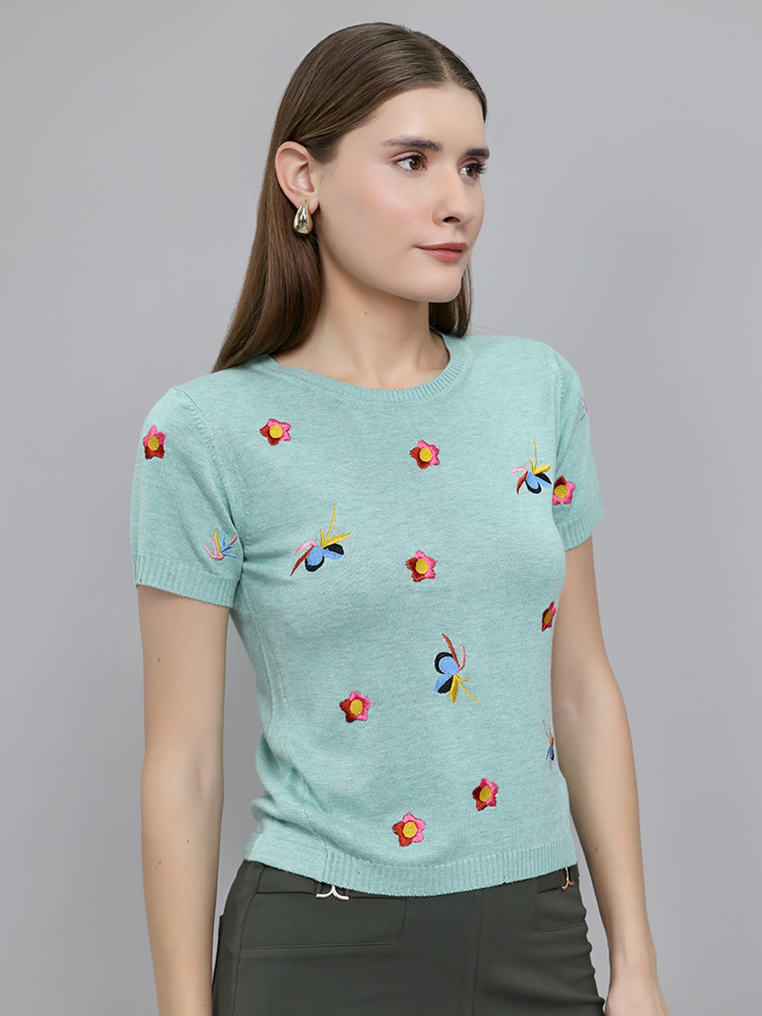 Women Sea Green Embroidered Round Neck Half Sleeve Top
