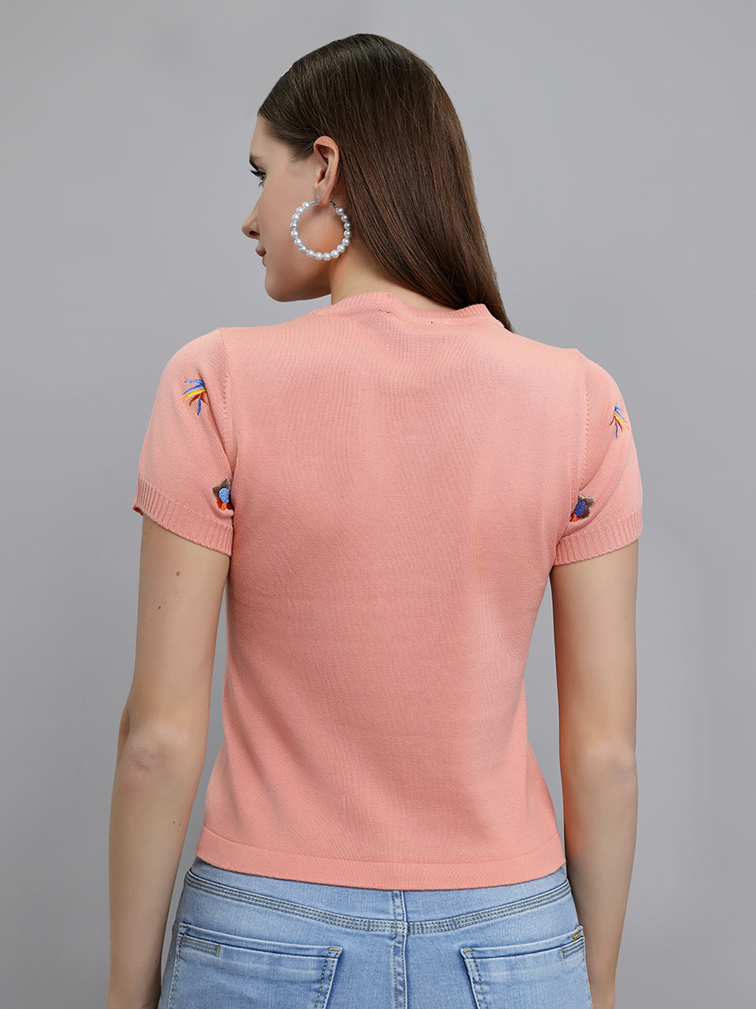 Women Peach Embroidered Round Neck Half Sleeve Top