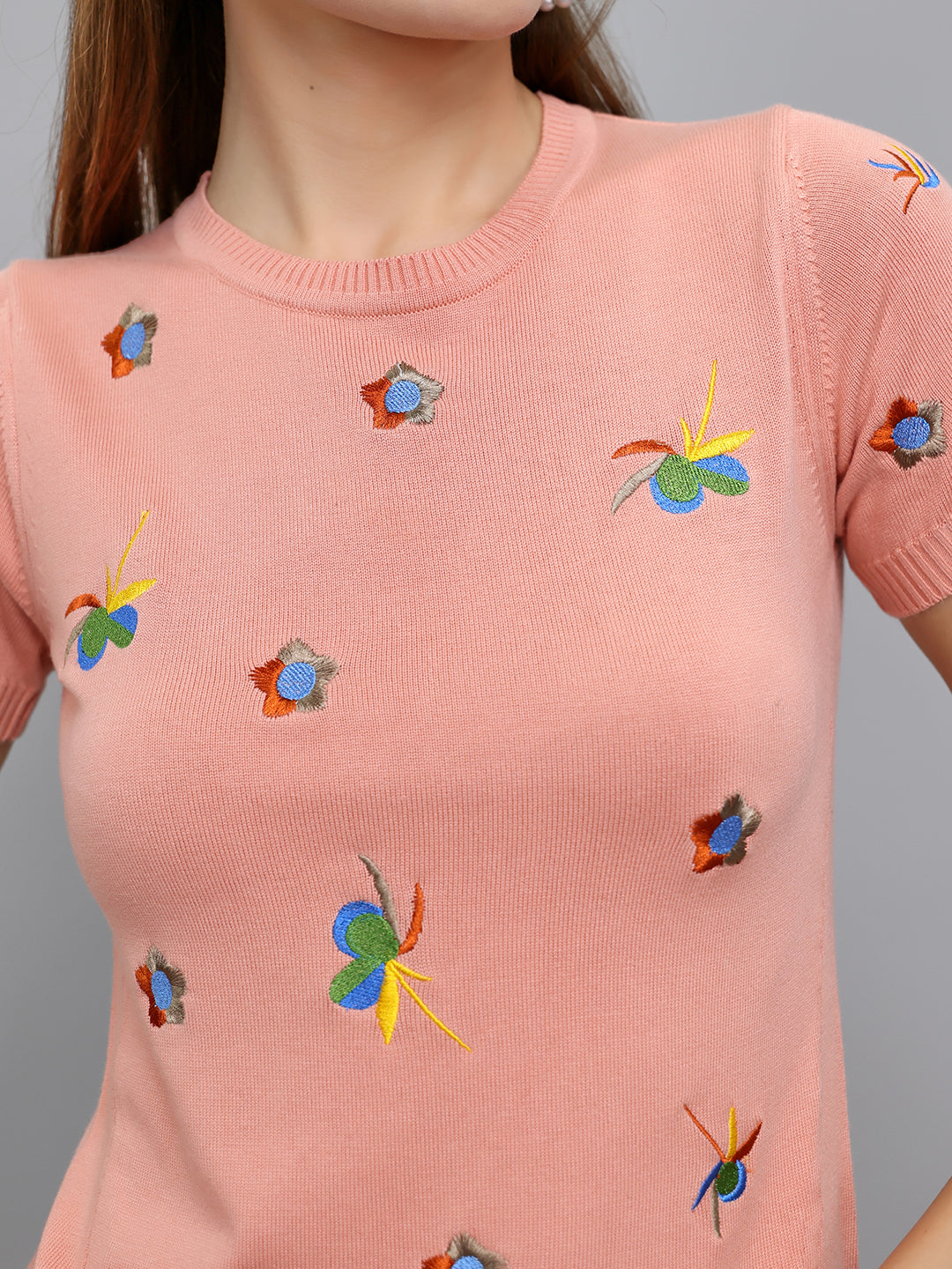 Women Peach Embroidered Round Neck Half Sleeve Top