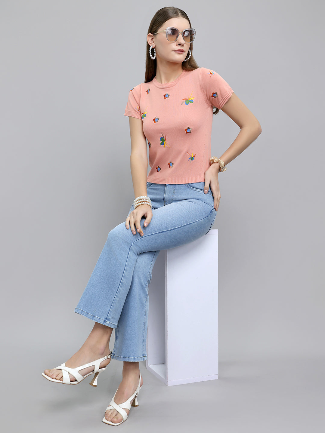 Women Peach Embroidered Round Neck Half Sleeve Top