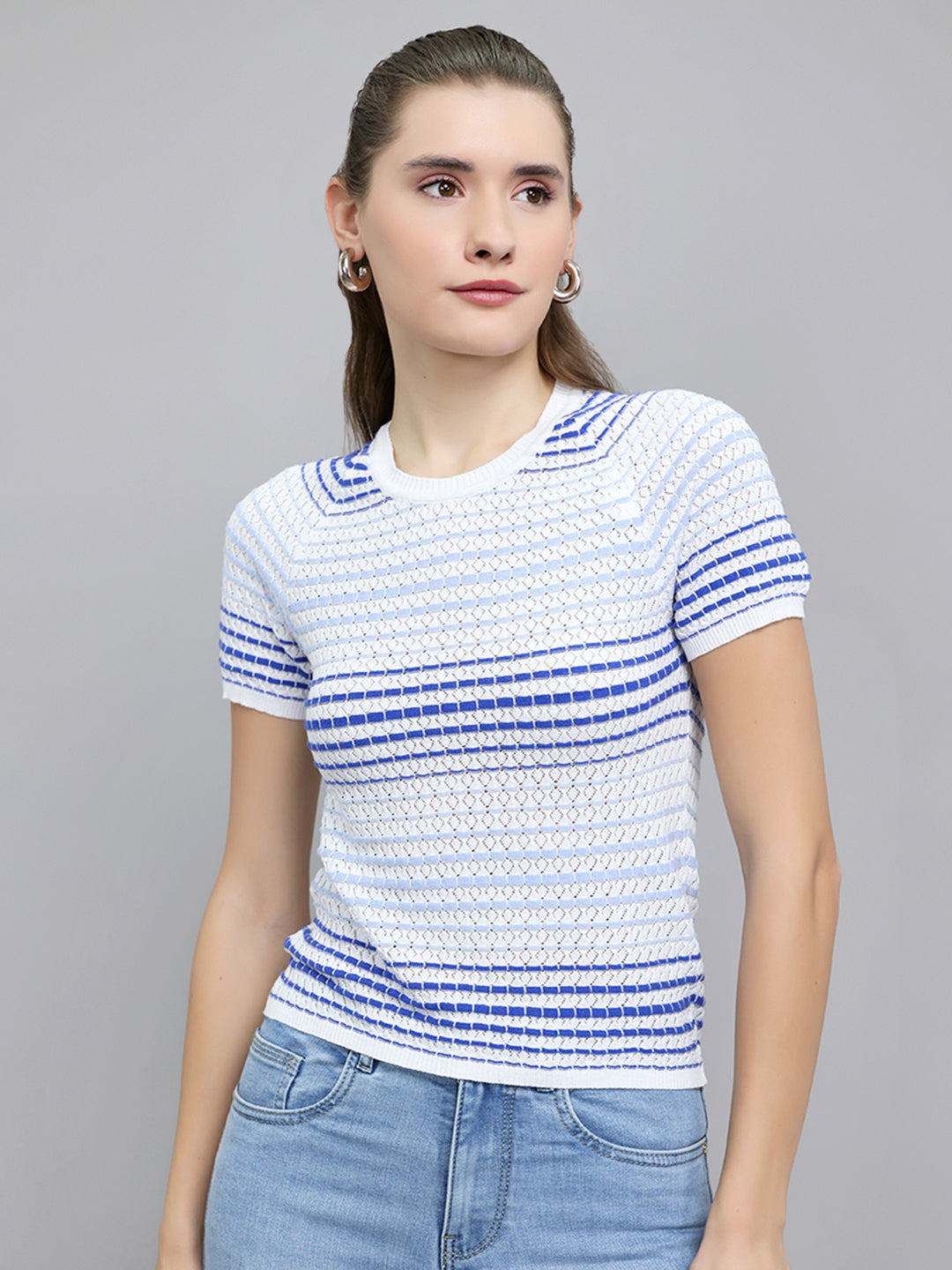 Women Off White Stripe Round Neck Half Sleeve Top