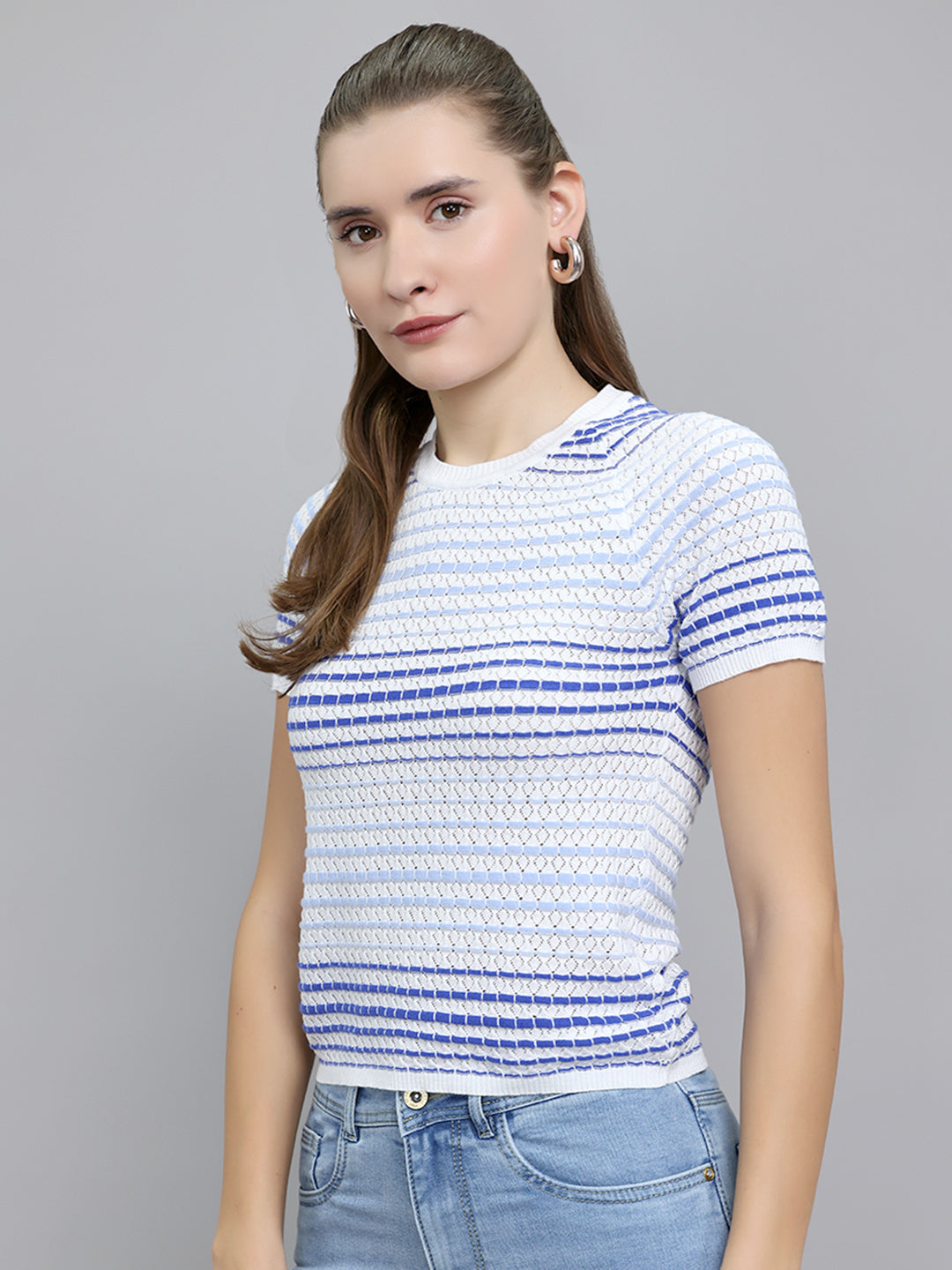Women Off White Stripe Round Neck Half Sleeve Top