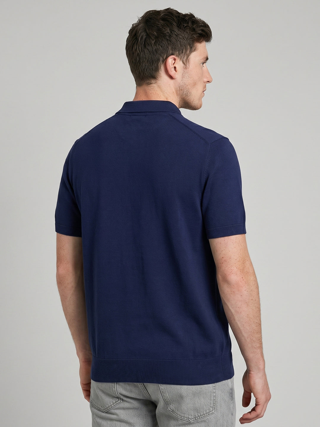 Men Navy Blue Solid Polo Collar Half Sleeve T-Shirt