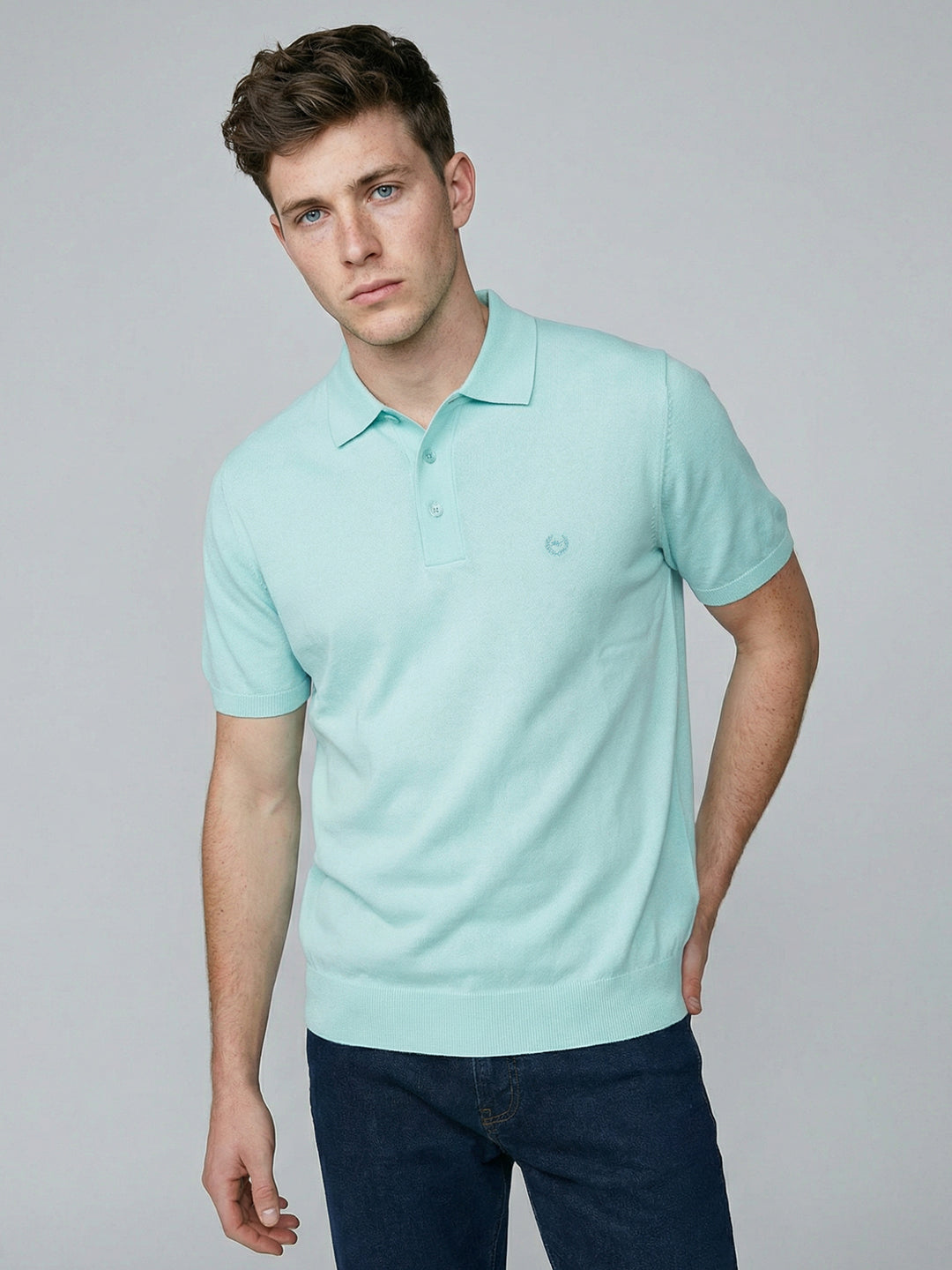 Men Sea Green Solid Collar Half Sleeve T-Shirt