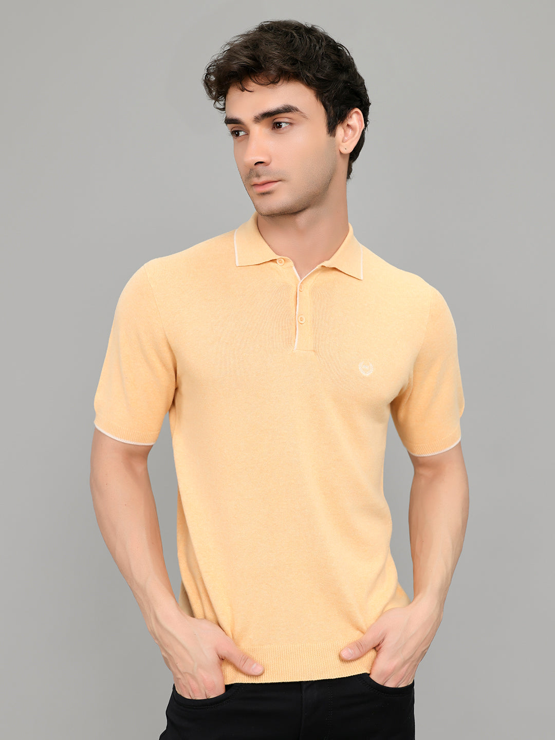 Men Orange Solid Collar Half Sleeve T-Shirt