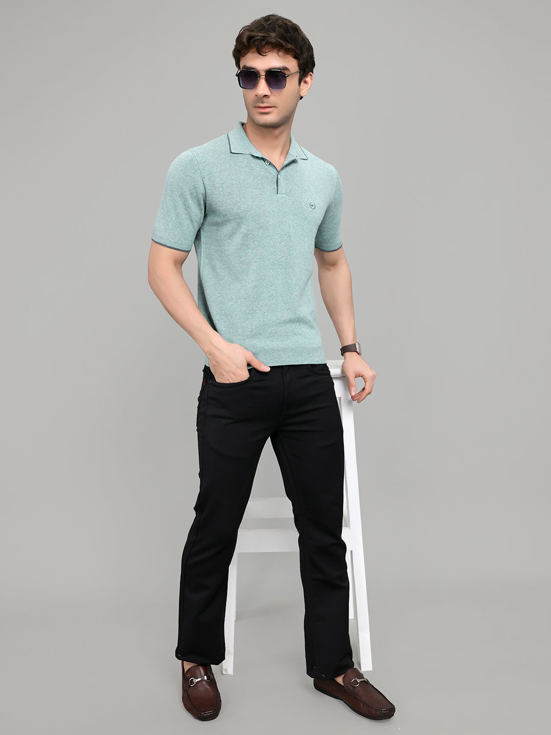 Men Teal Blue Solid Collar Half Sleeve T-Shirt