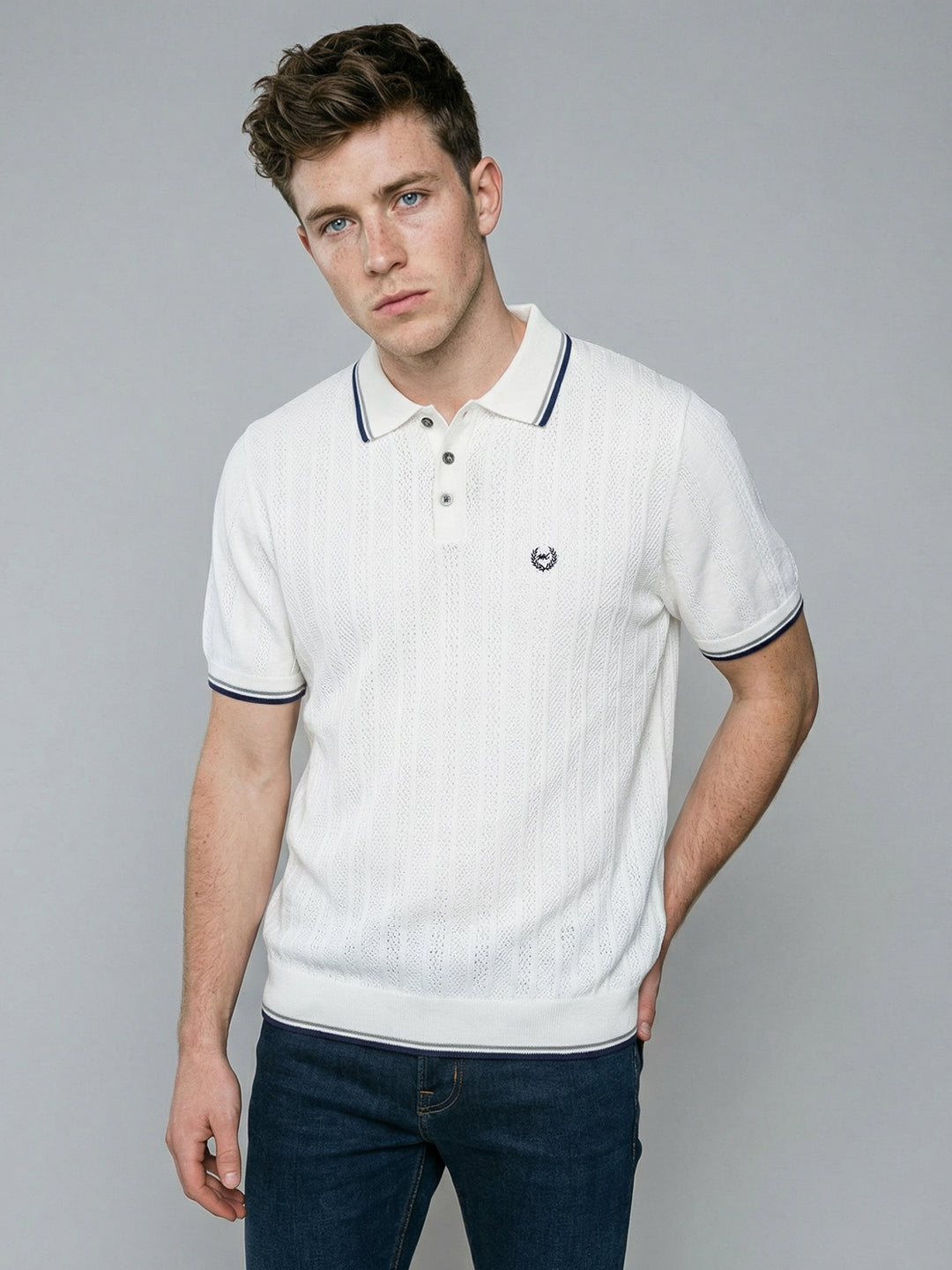 Men White Self Design Collar Half Sleeve T-Shirt