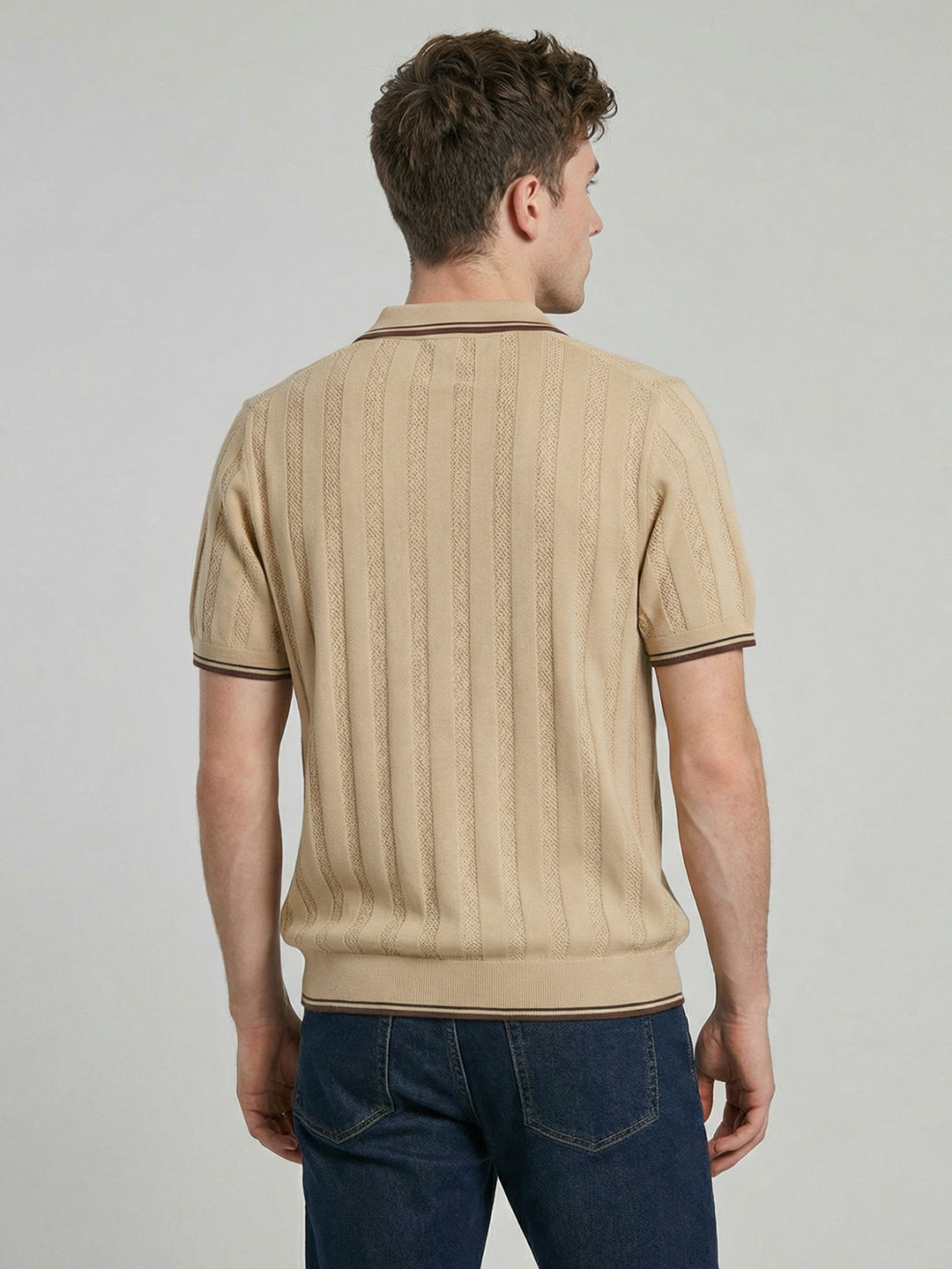 Men Camel Brown Self Design Collar Half Sleeve T-Shirt