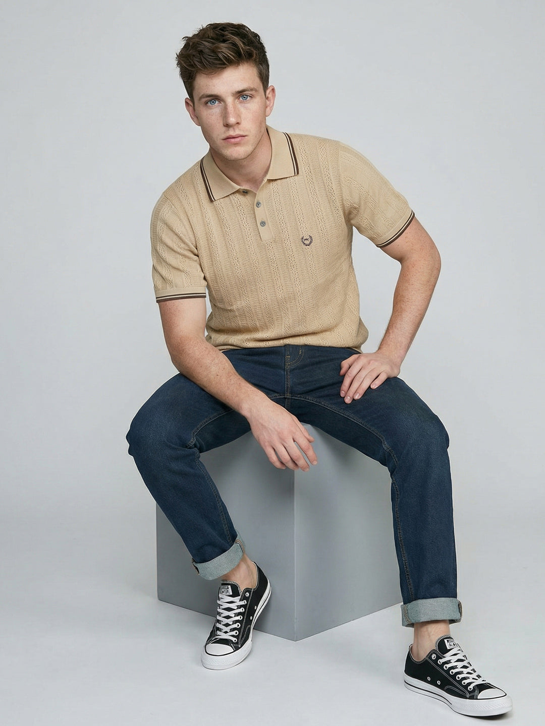 Men Camel Brown Self Design Collar Half Sleeve T-Shirt