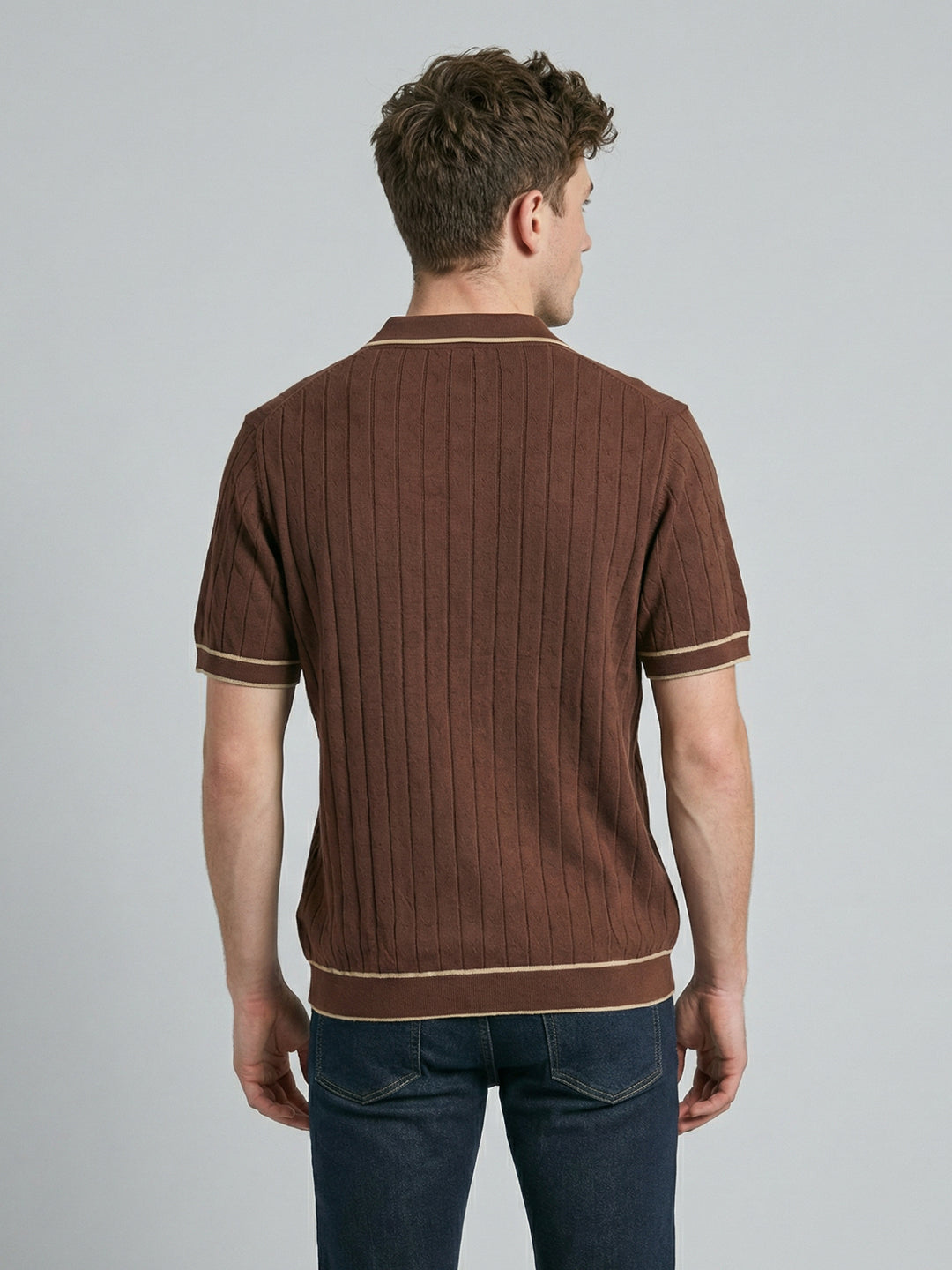 Men Brown Self Design Collar Half Sleeve T-Shirt
