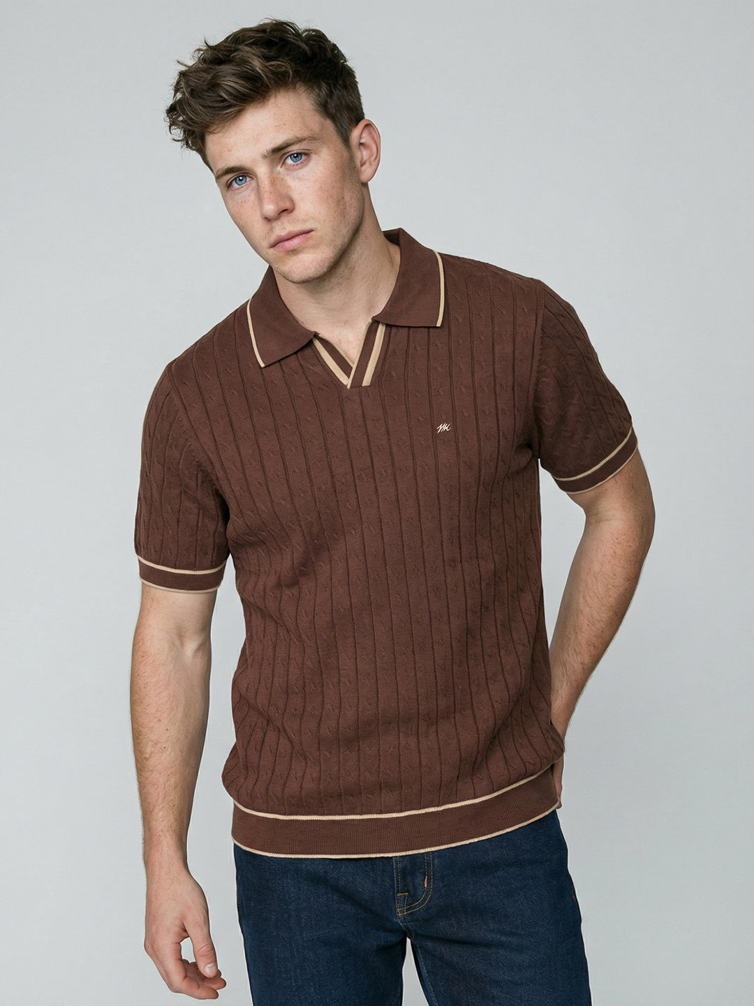 Men Brown Self Design Collar Half Sleeve T-Shirt