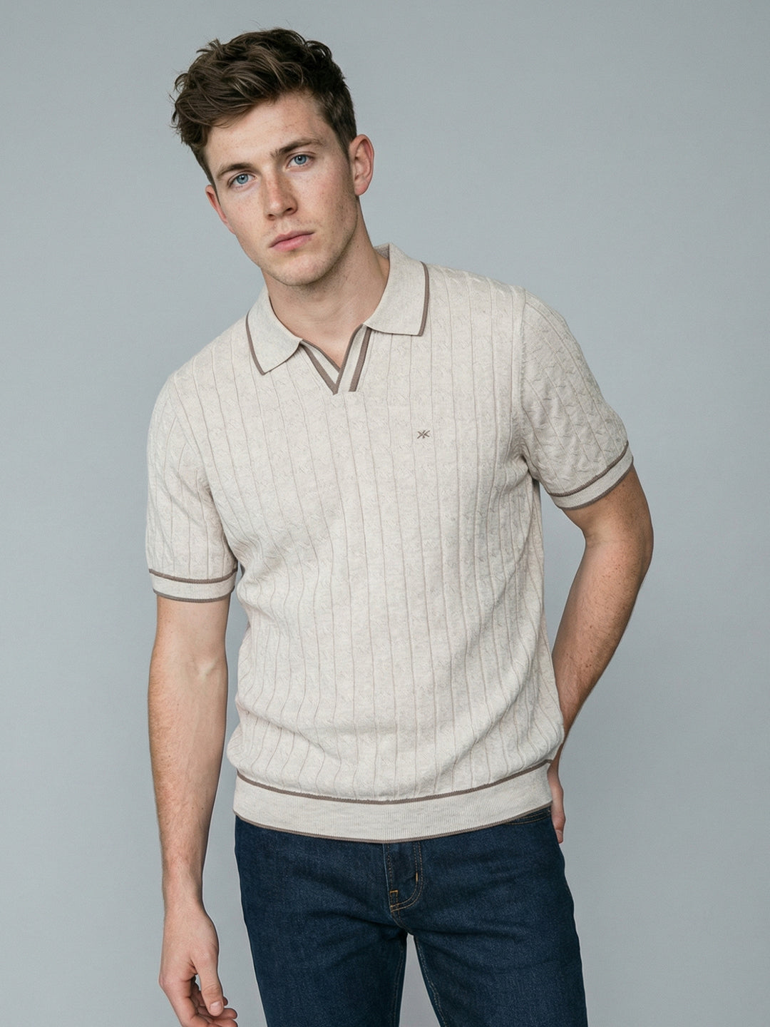 Men Off White Self Design Collar Half Sleeve T-Shirt