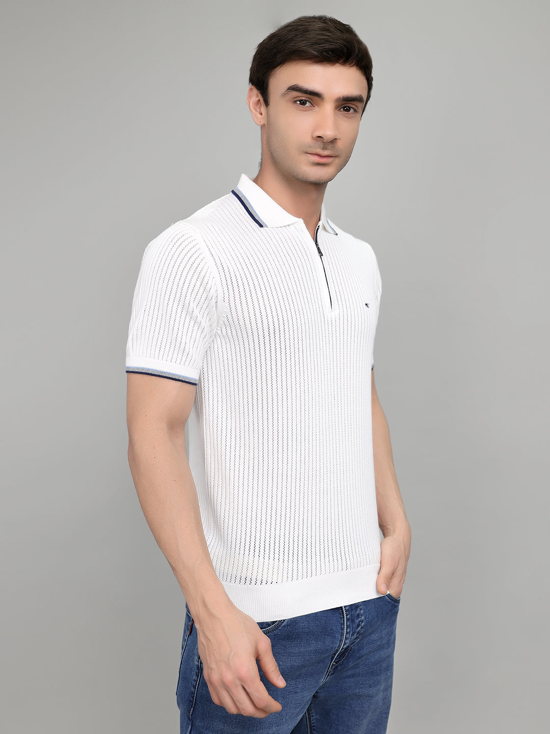 Men White Self Design Collar Half Sleeve T-Shirt