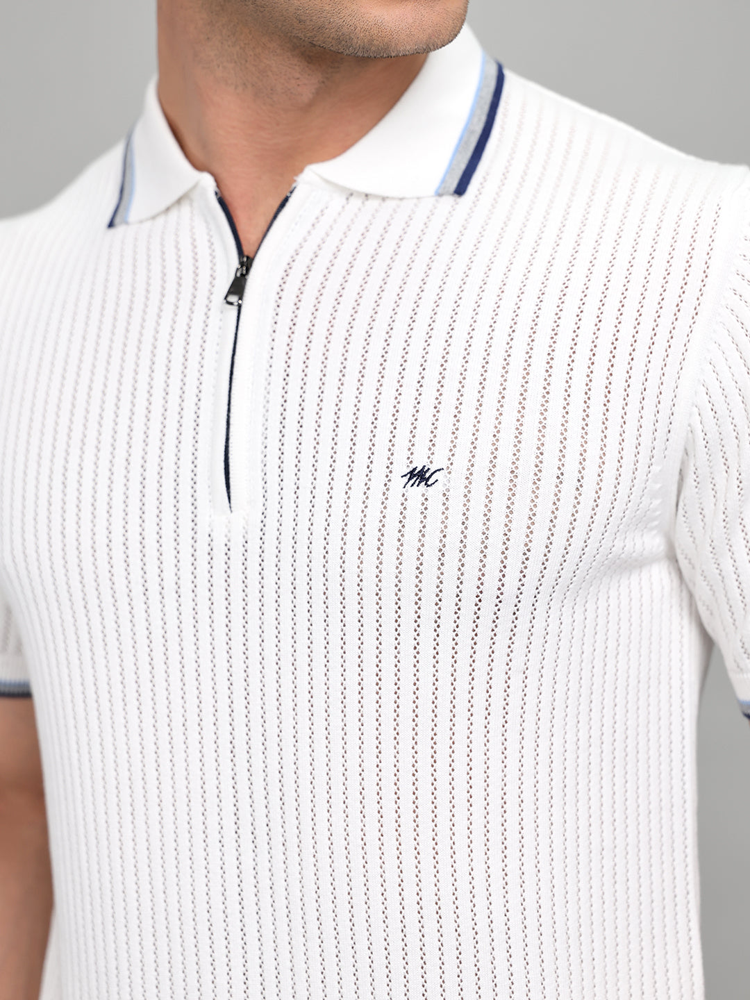 Men White Self Design Collar Half Sleeve T-Shirt