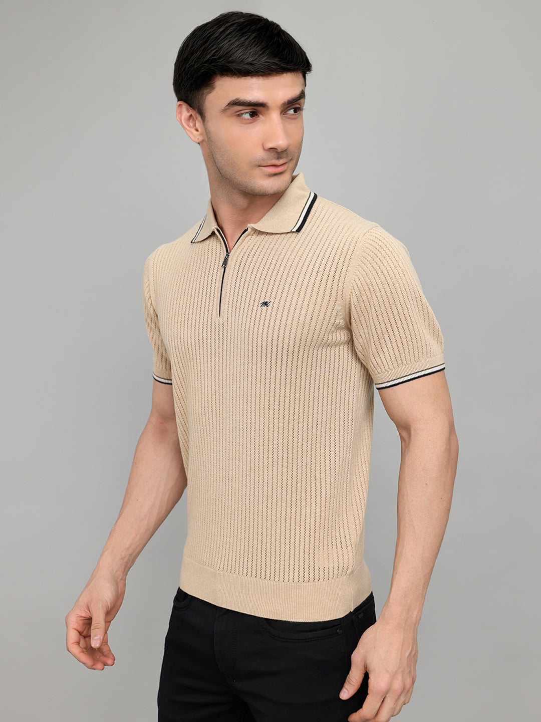 Men Beige Self Design Collar Half Sleeve T-Shirt
