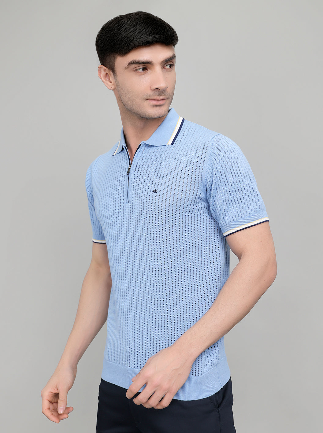 Men Light Blue Self Design Collar Half Sleeve T-Shirt