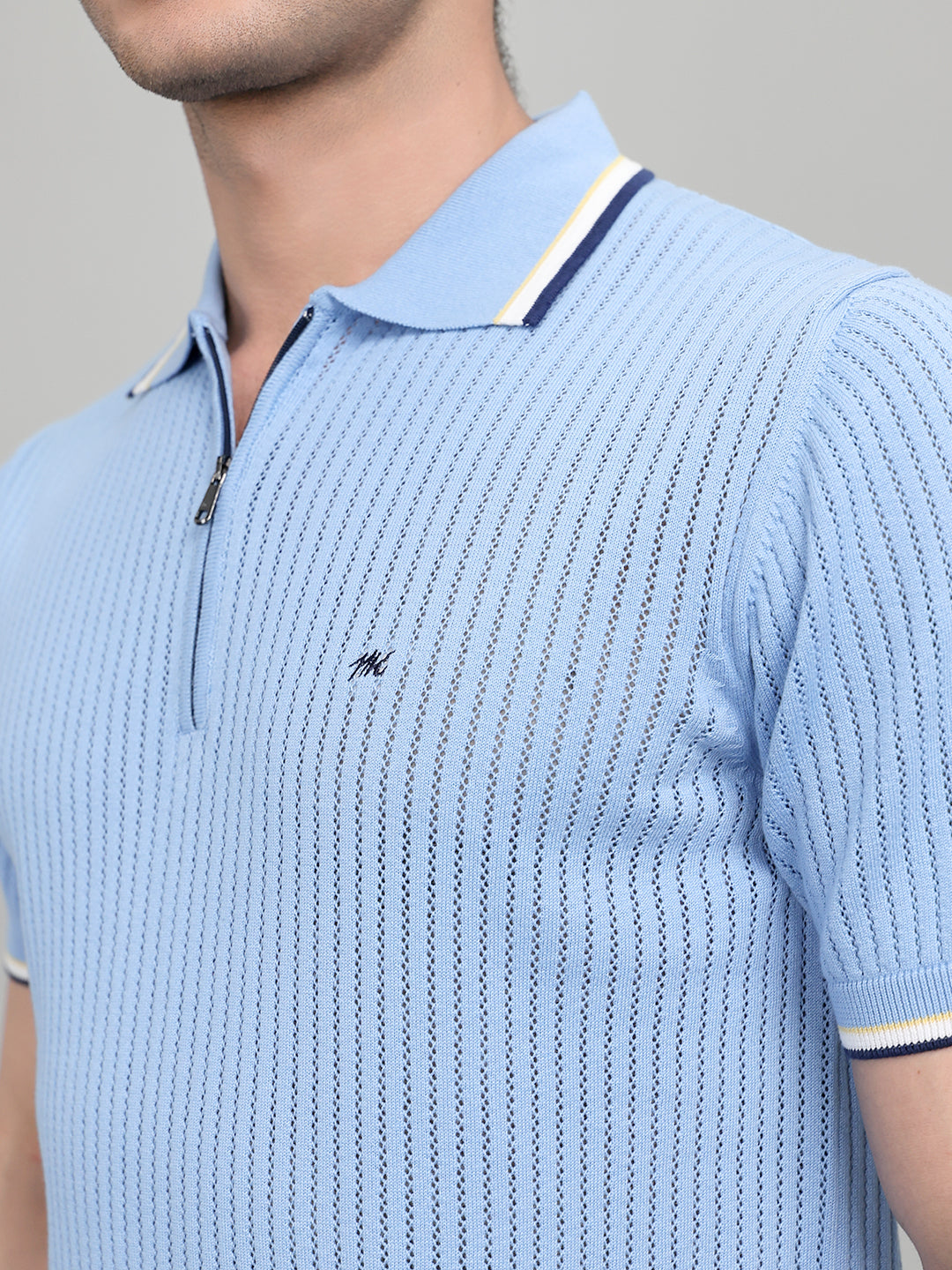 Men Light Blue Self Design Collar Half Sleeve T-Shirt