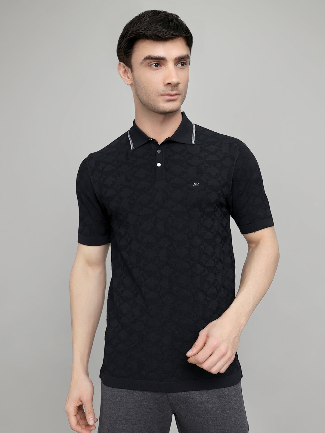 Men Black Self Design Collar Half Sleeve T-Shirt