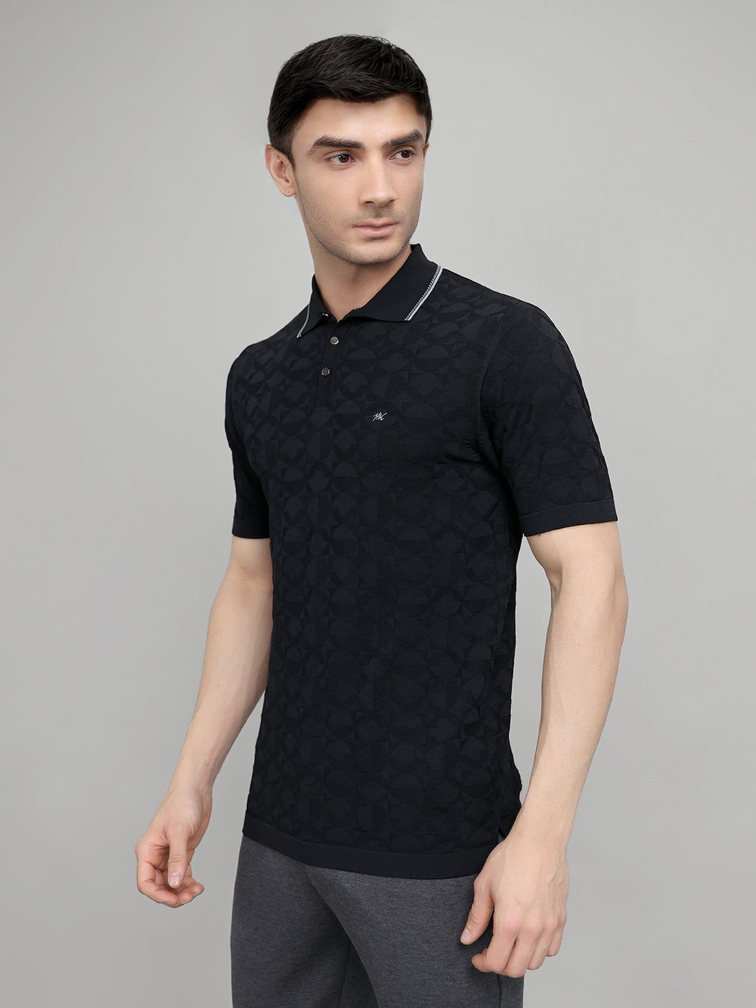 Men Black Self Design Collar Half Sleeve T-Shirt