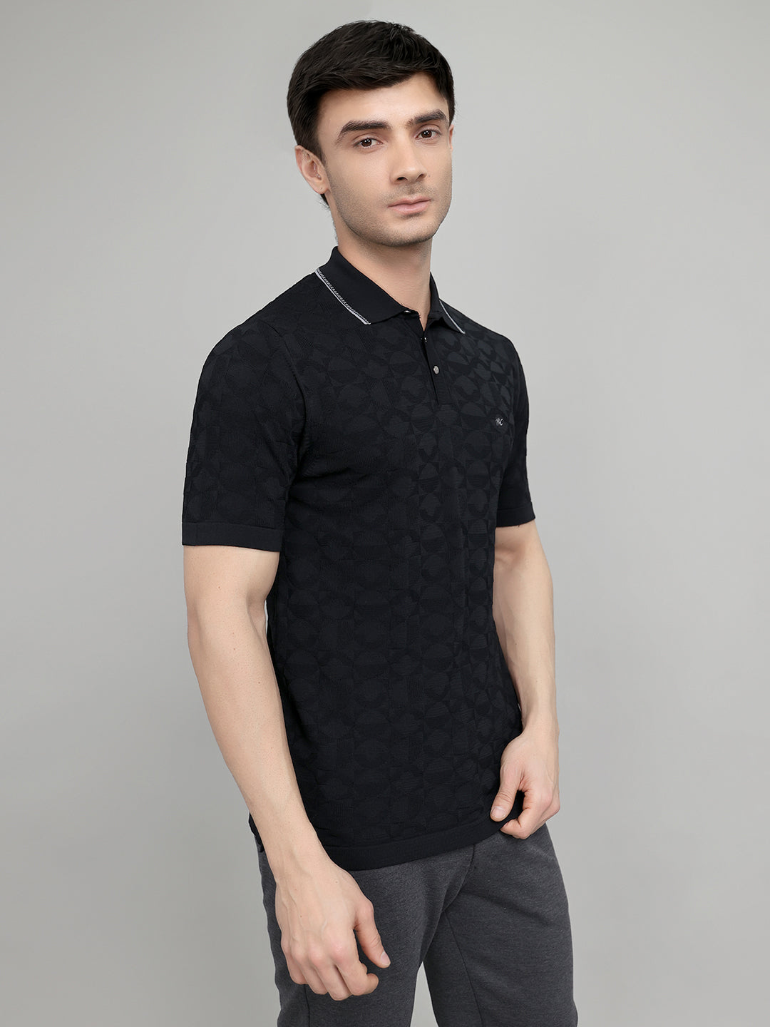 Men Black Self Design Collar Half Sleeve T-Shirt