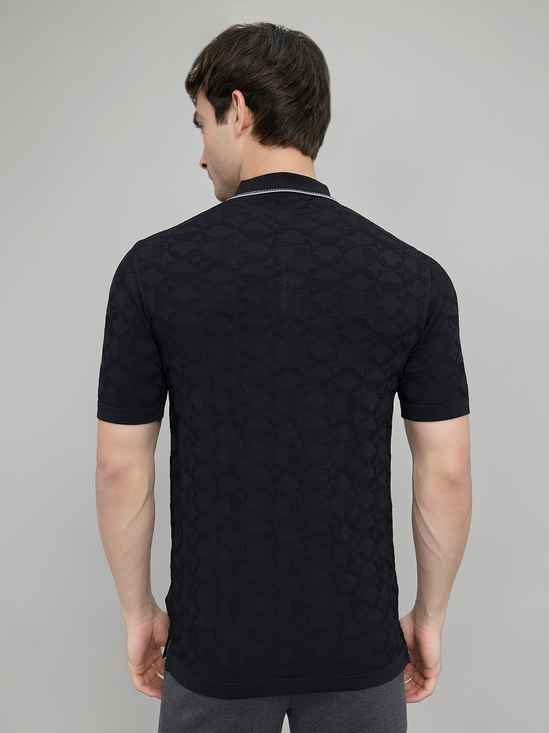 Men Black Self Design Collar Half Sleeve T-Shirt