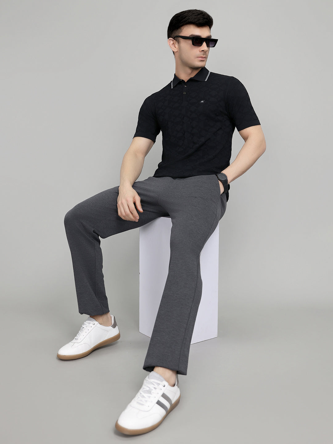 Men Black Self Design Collar Half Sleeve T-Shirt
