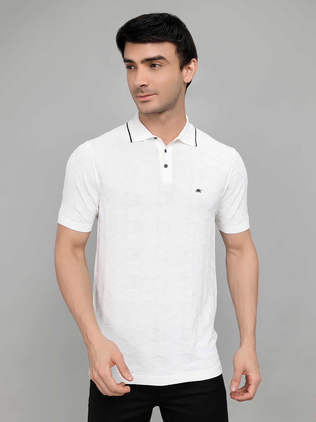 Men White Self Design Collar Half Sleeve T-Shirt