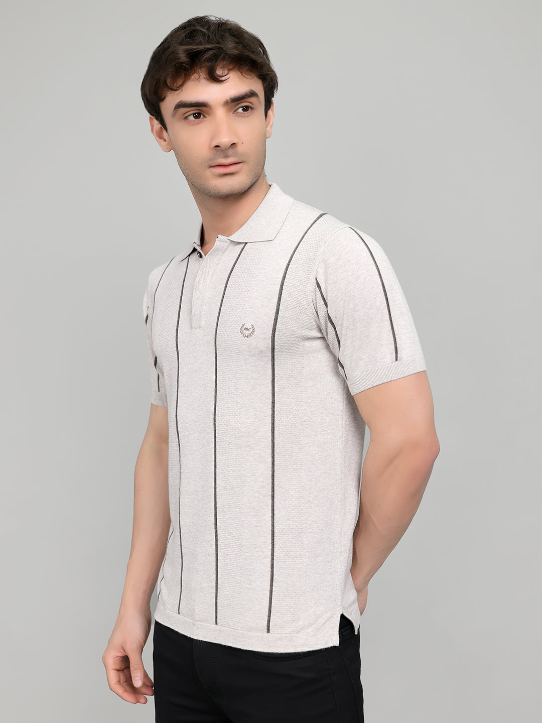 Men Light Grey Intarsia Collar Half Sleeve T-Shirt