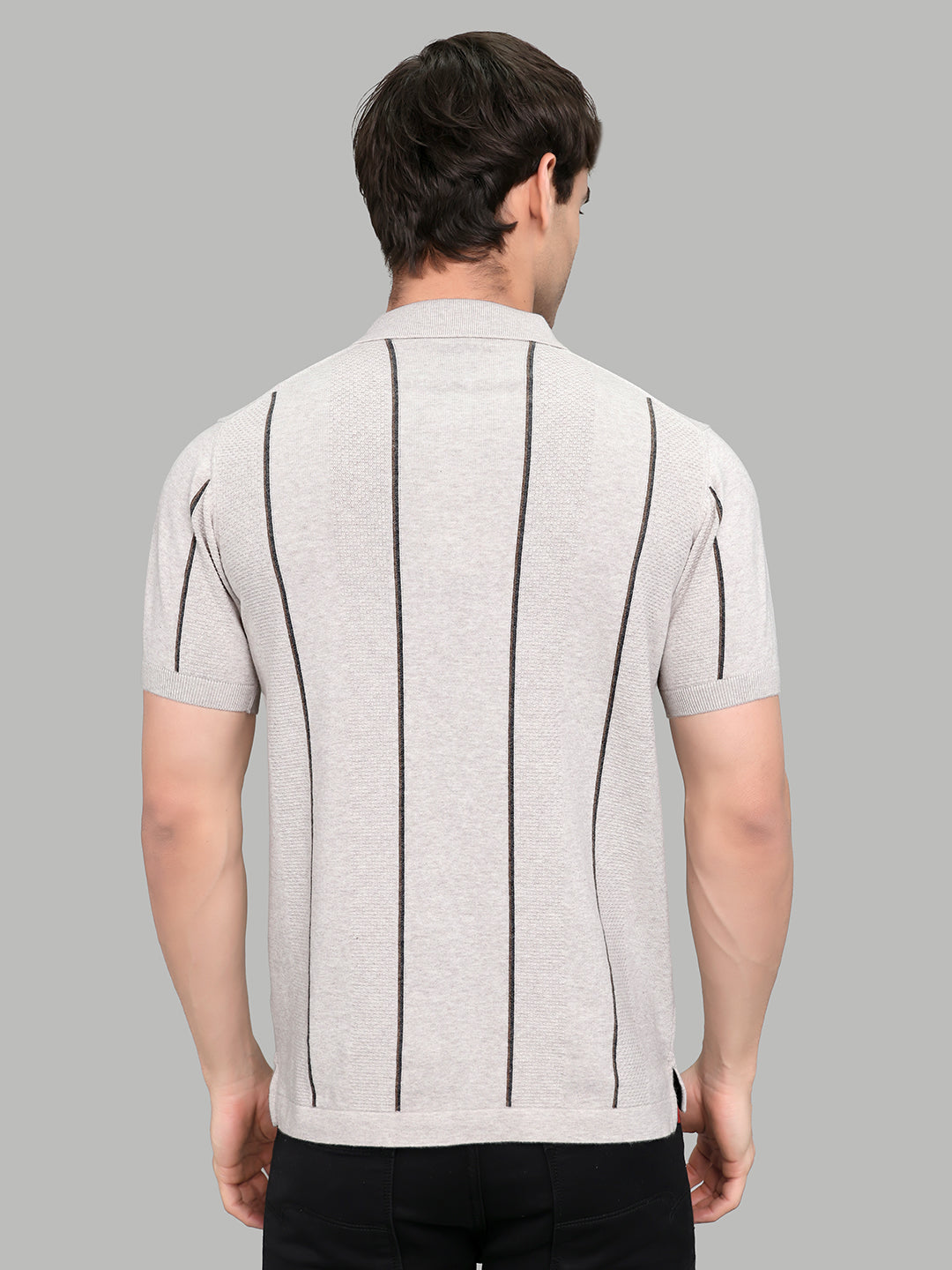 Men Light Grey Intarsia Collar Half Sleeve T-Shirt