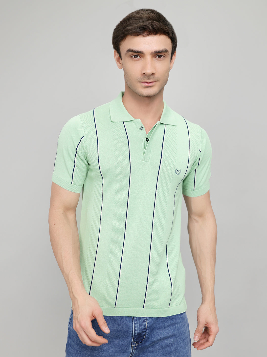 Men Sea Green Intarsia Collar Half Sleeve T-Shirt