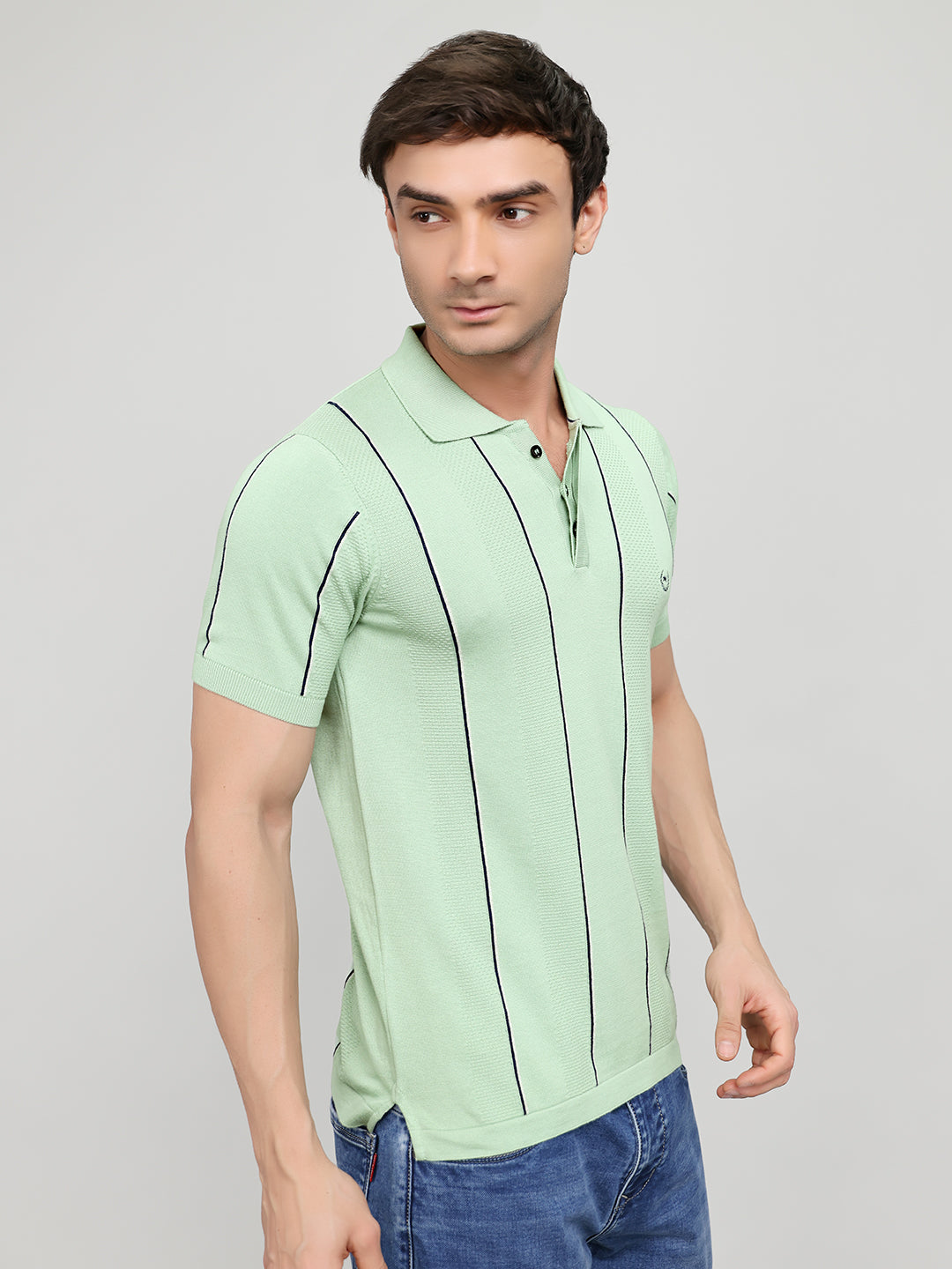 Men Sea Green Intarsia Collar Half Sleeve T-Shirt