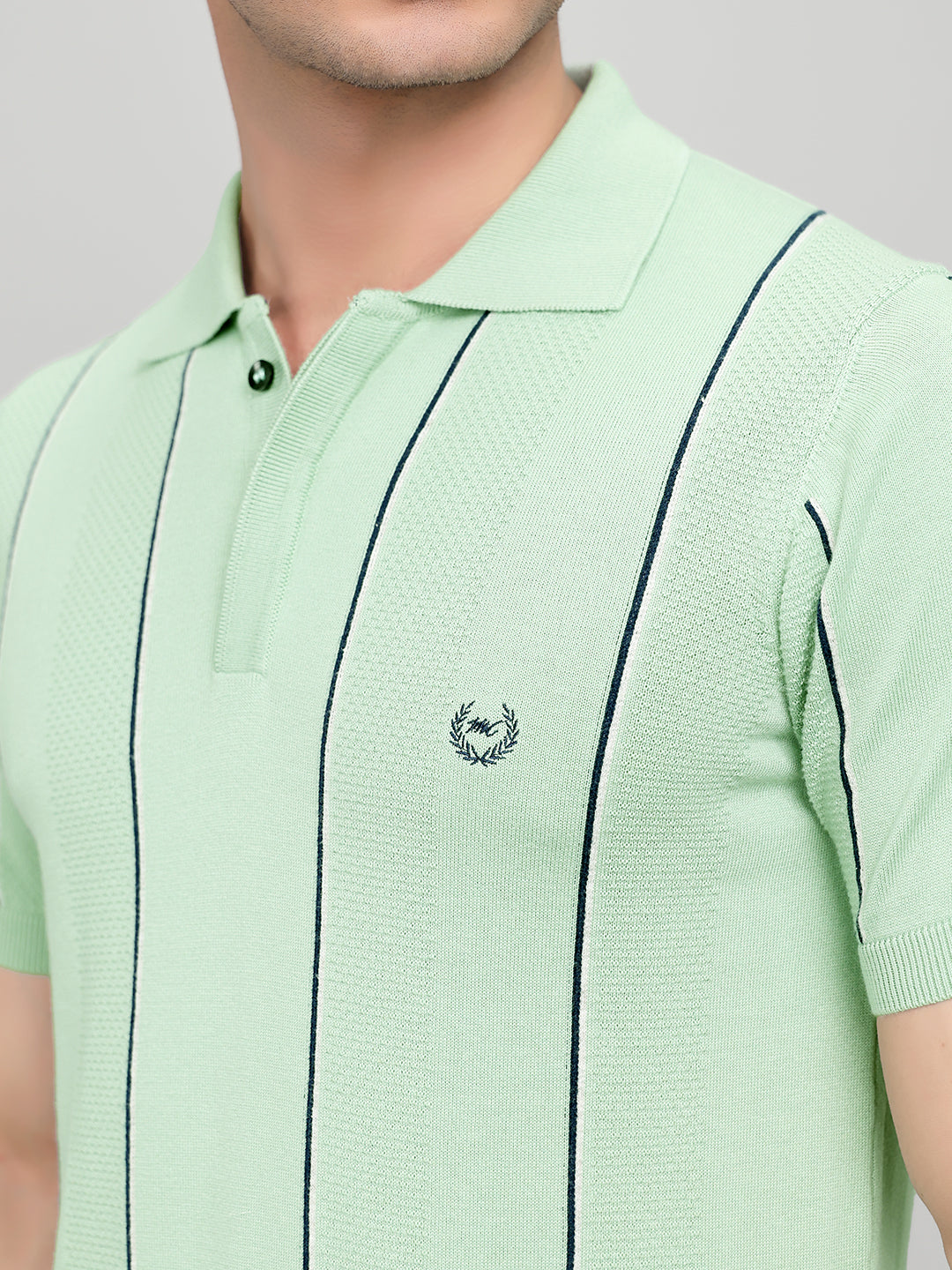 Men Sea Green Intarsia Collar Half Sleeve T-Shirt