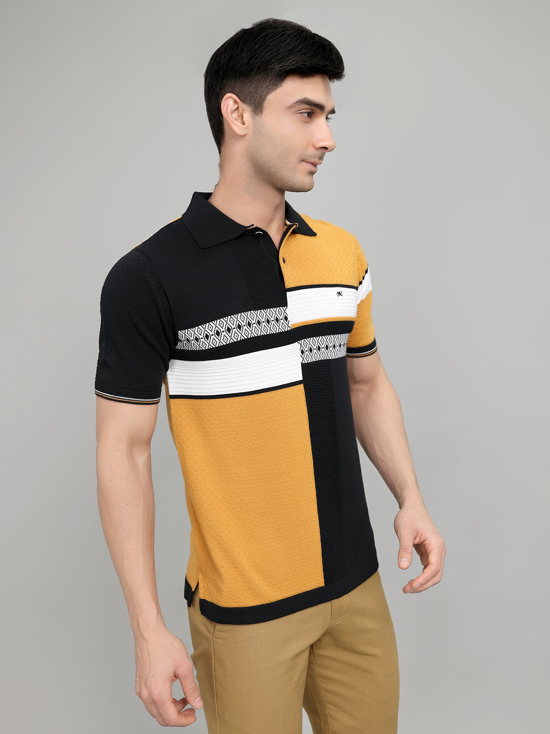 Men Navy Blue Printed Collar Half Sleeve T-Shirt