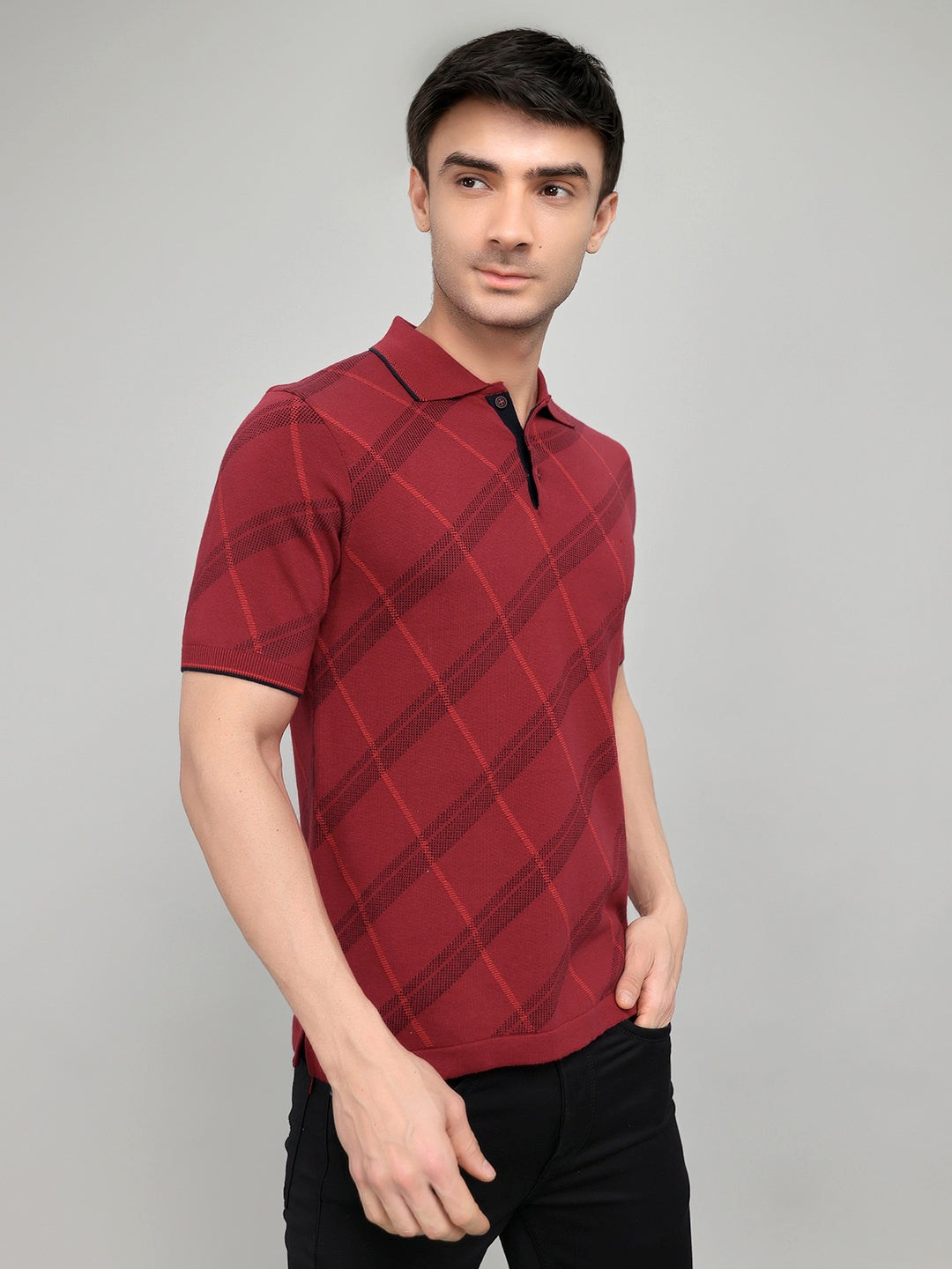 Men Maroon Printed Collar Half Sleeve T-Shirt