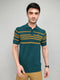 Men Teal Blue Stripe Collar Half Sleeve T-Shirt