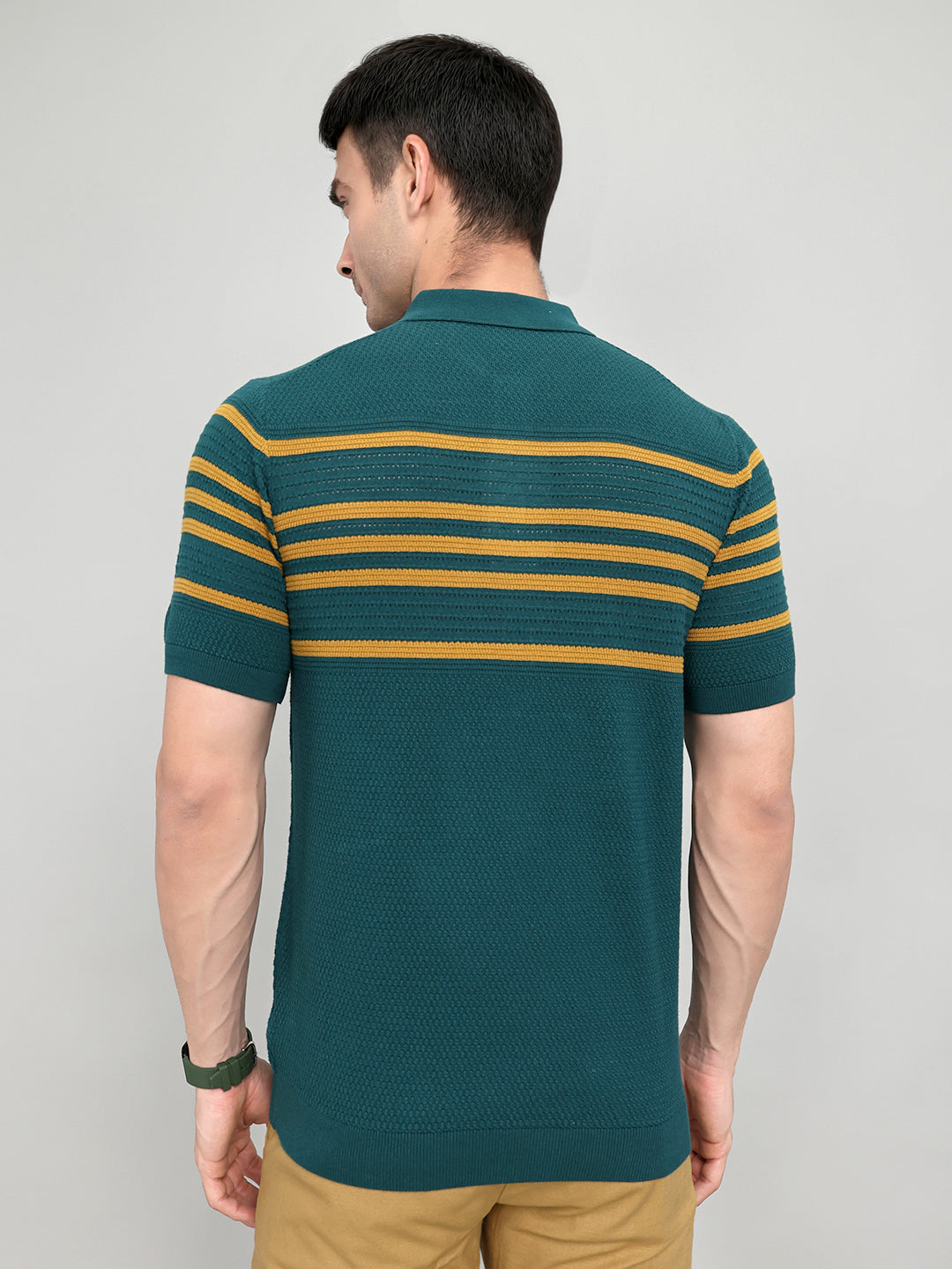 Men Teal Blue Stripe Collar Half Sleeve T-Shirt
