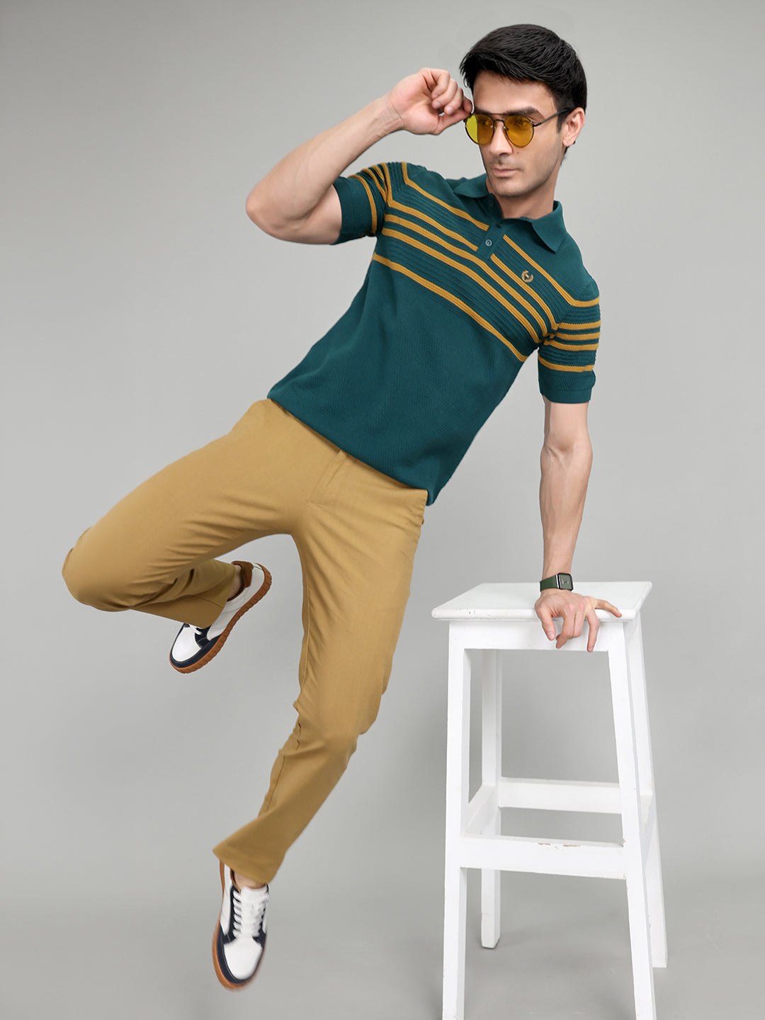 Men Teal Blue Stripe Collar Half Sleeve T-Shirt