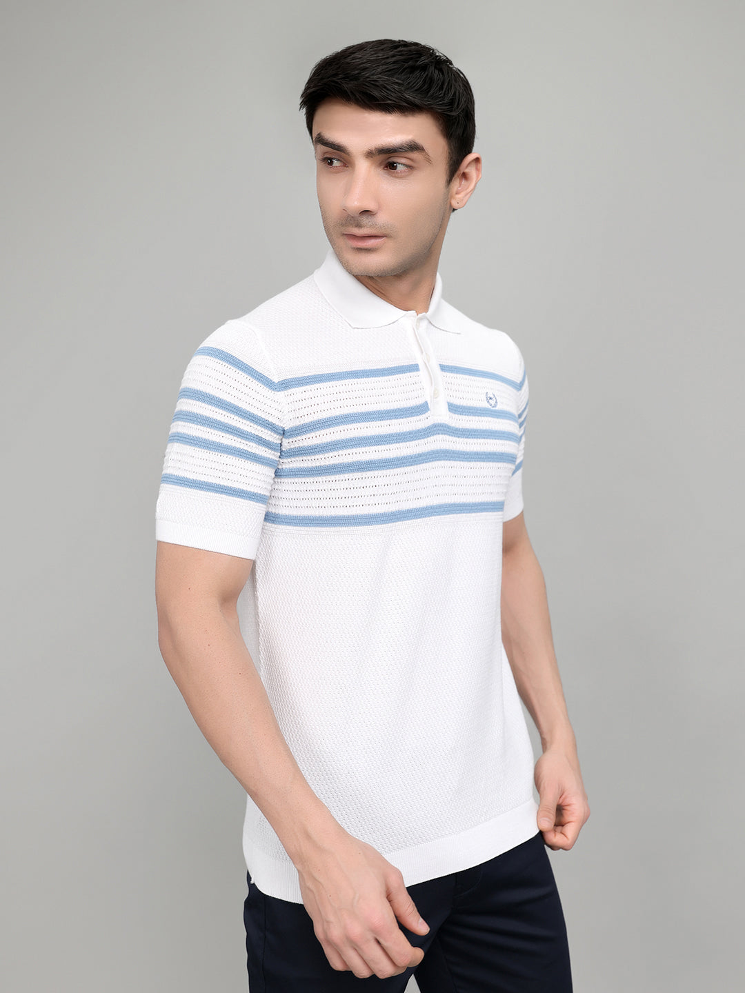 Men White Stripe Collar Half Sleeve T-Shirt