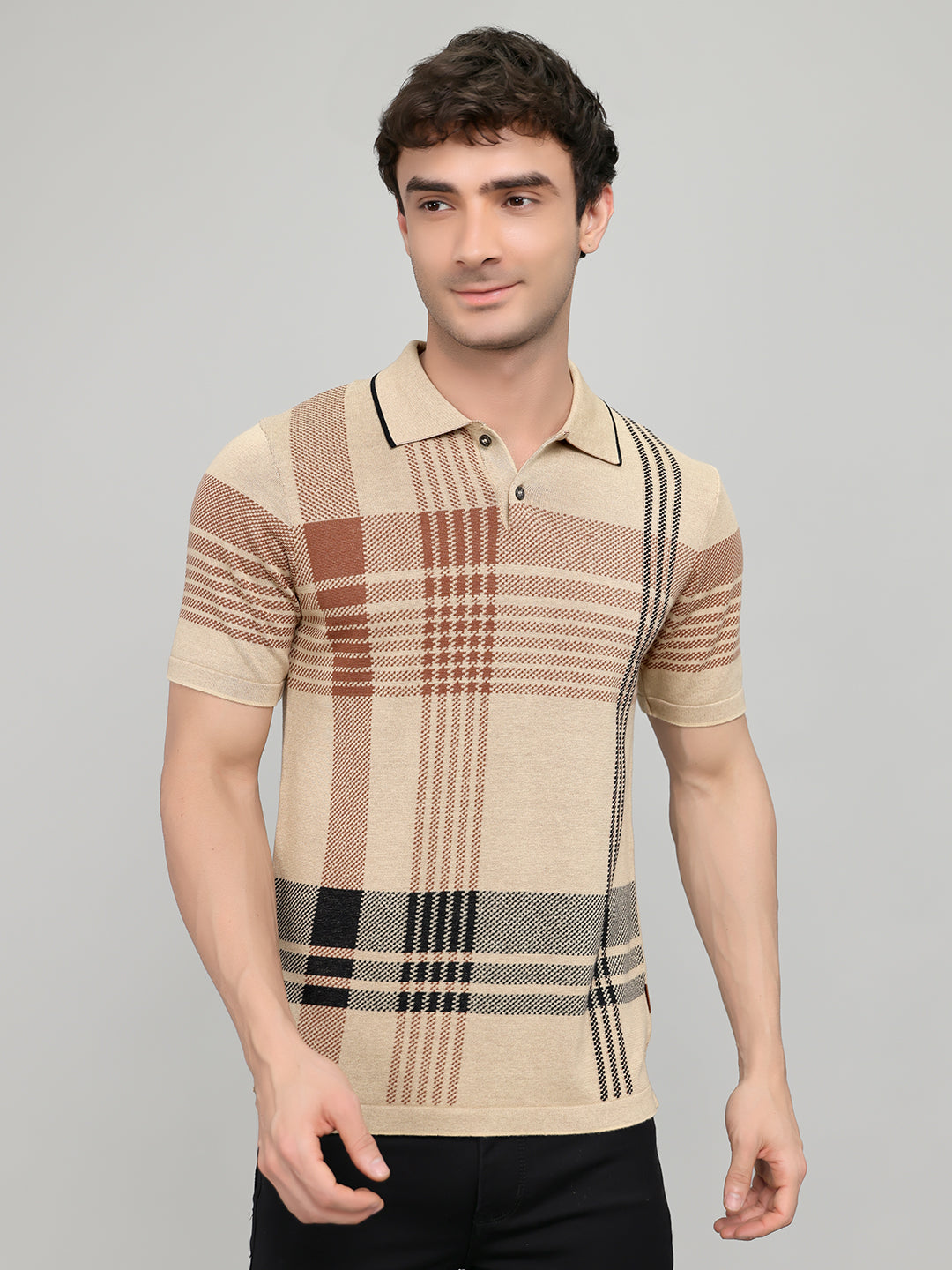 Men Beige Self Design Collar Half Sleeve T-Shirt